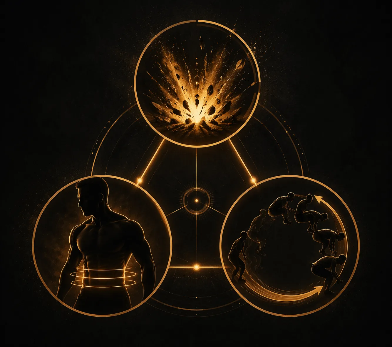 Illustration of explosive power, core stability and muscular endurance as three connected stunt fitness demands