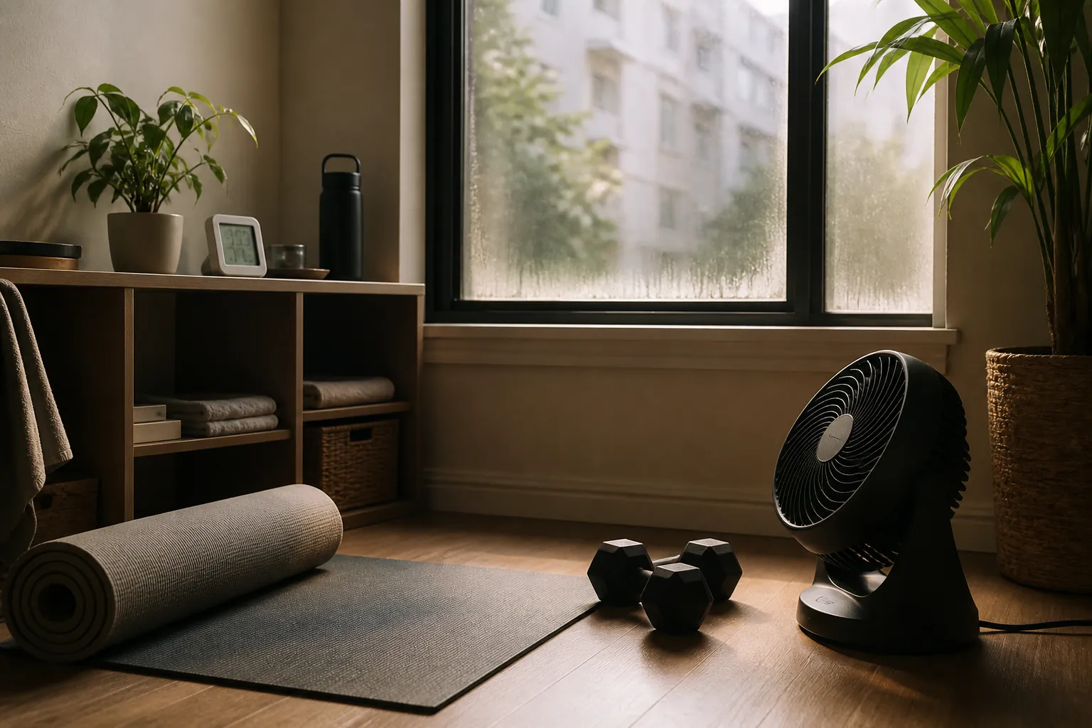 Small apartment workout corner with dumbbells, a fan, a humidity gauge, and light window condensation