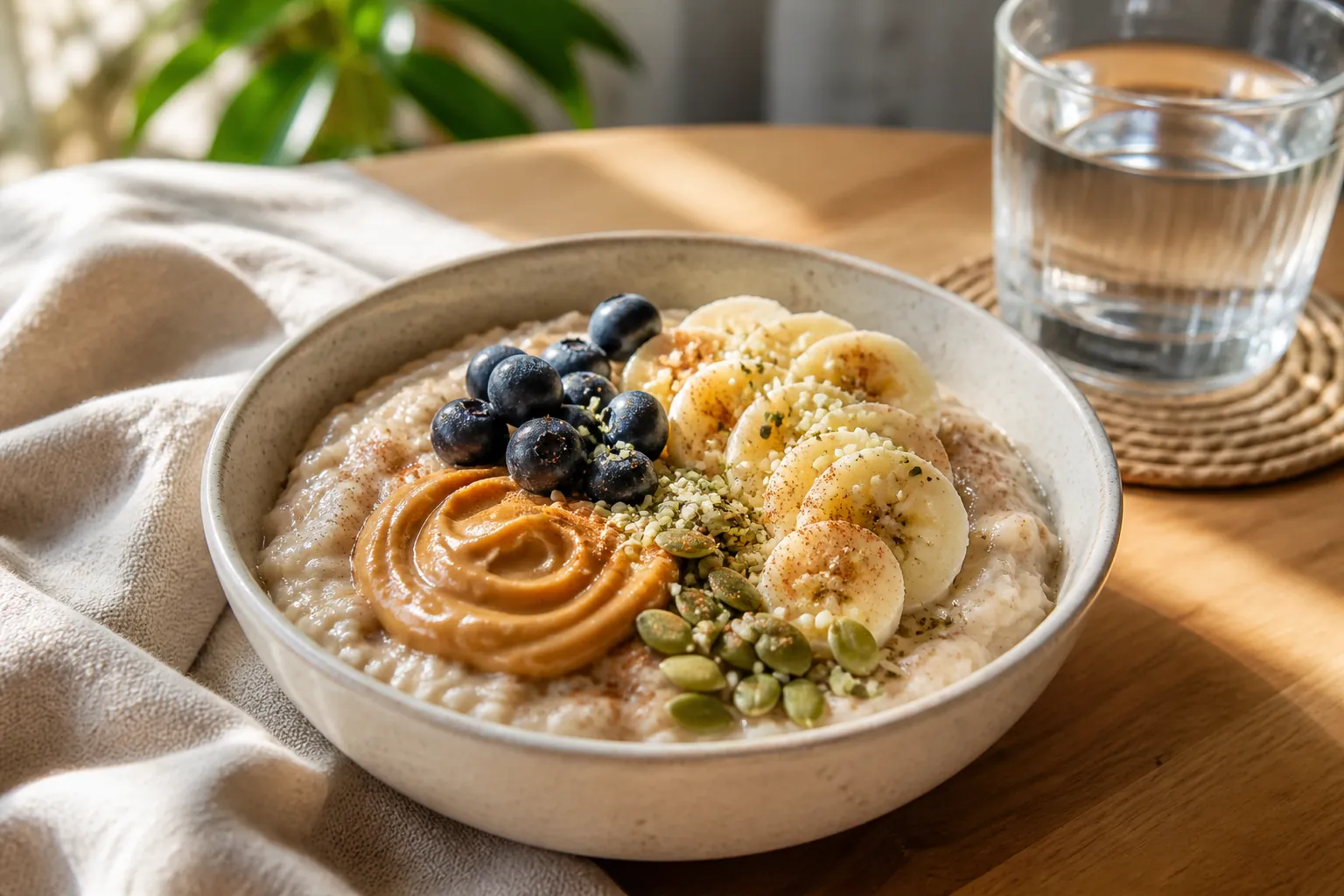Oatmeal topped with peanut butter, banana, hemp and pumpkin seeds, blueberries, and cinnamon beside a glass of water