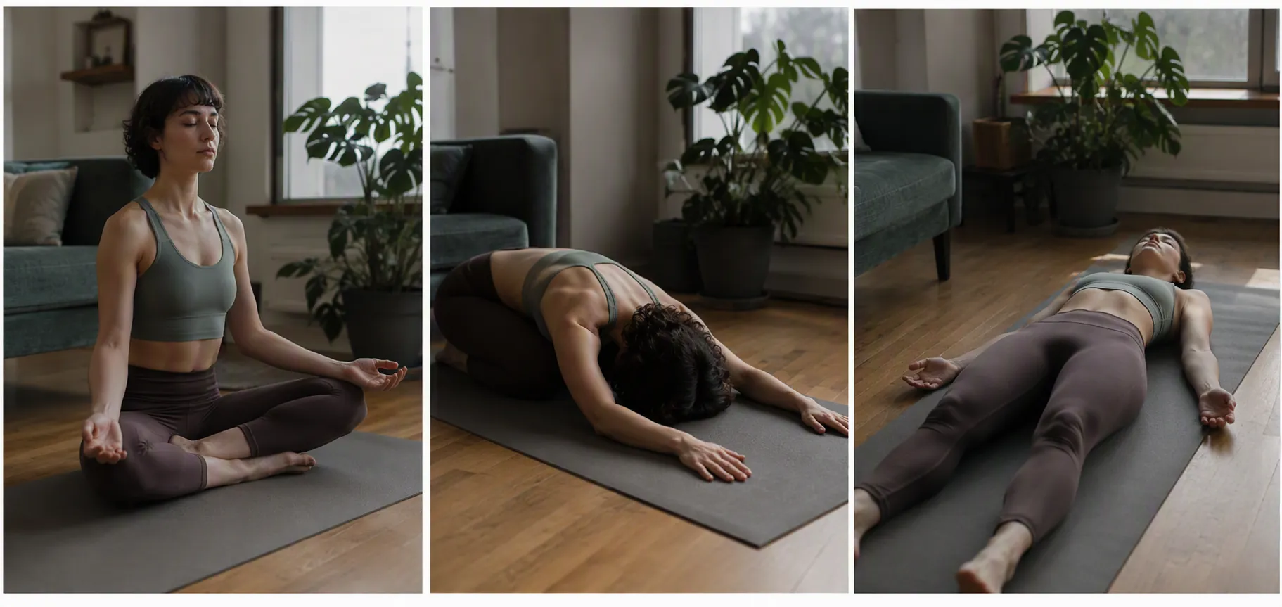 Three quiet floor yoga positions in a small apartment living room: seated breathing, child's pose, and lying relaxation