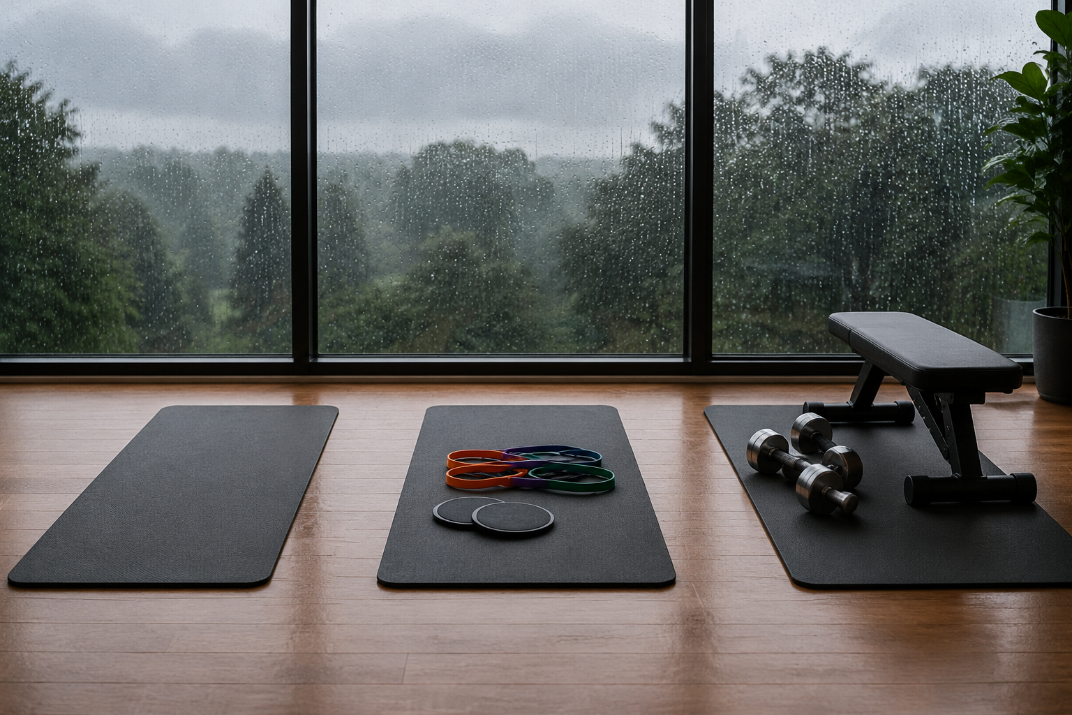 Rainy window with three indoor workout setups: a bare mat, bands and sliders, and dumbbells with a bench.