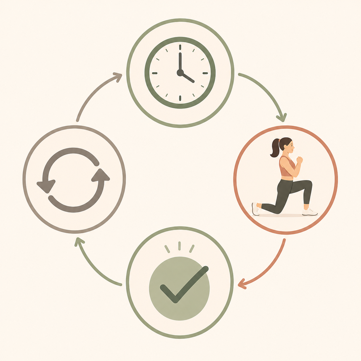 A diagram with four interconnected icons arranged in a circular layout: a clock for cue, a person exercising for routine, a checkmark for reward, and repeating arrows for repetition.