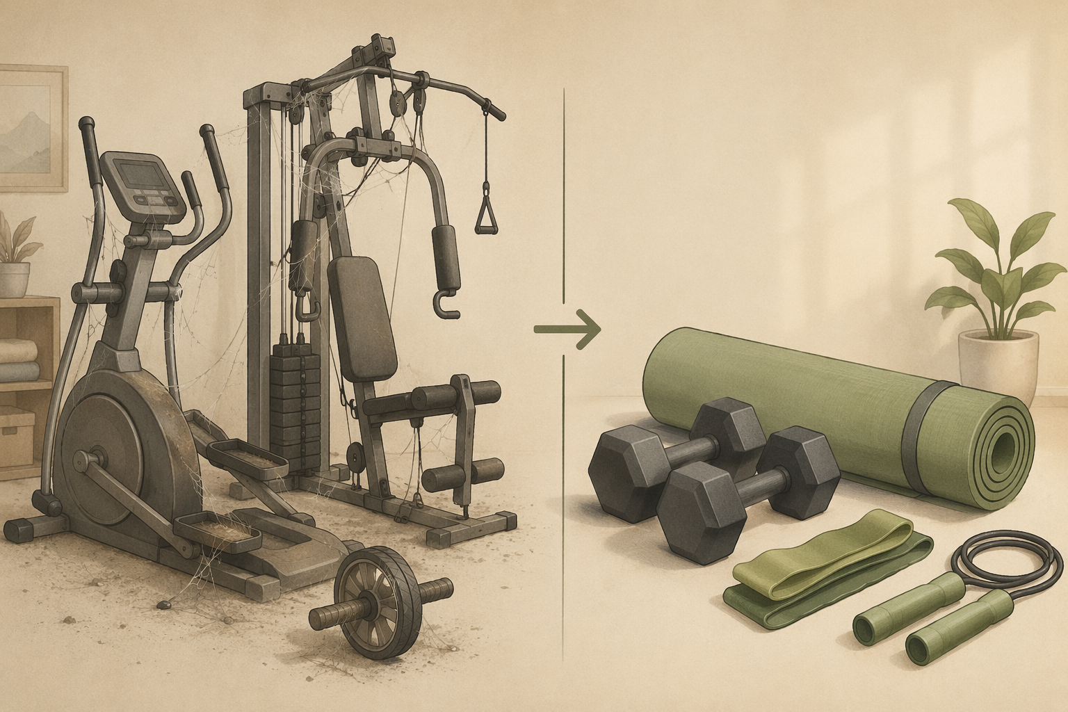 Split illustration: left side shows a dusty elliptical, unused all-in-one gym, and ab wheel collecting cobwebs; right side shows a clean stack of yoga mat, dumbbells, bands, and jump rope.