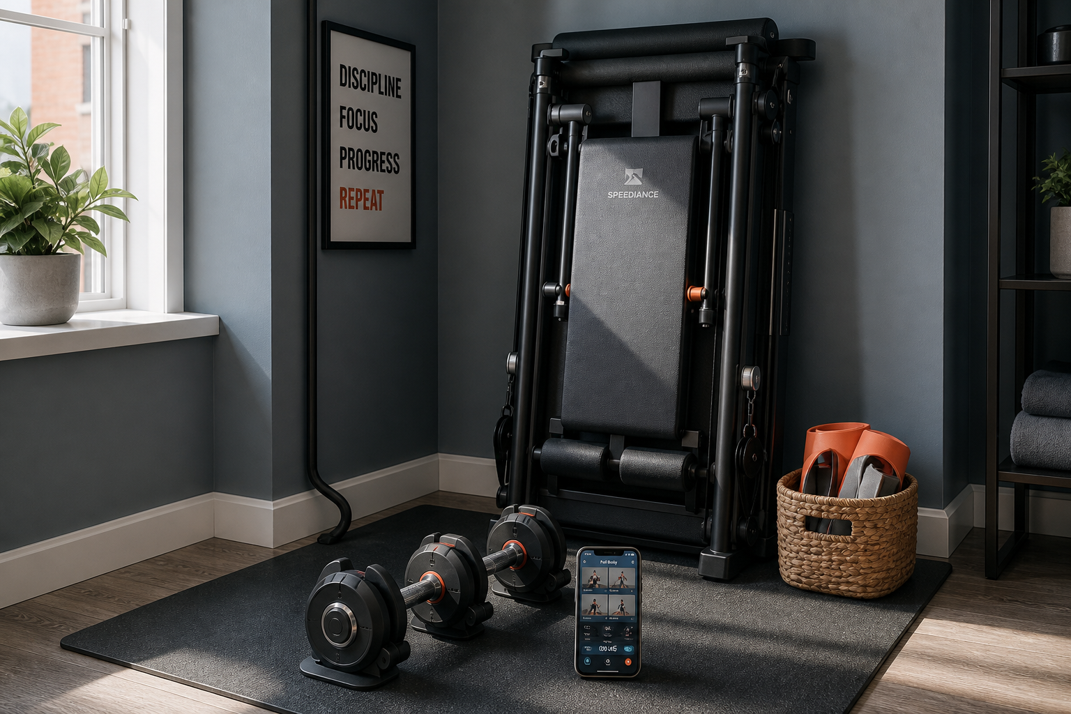 A sunlit apartment corner with a folded multi-function machine against a slate blue wall, a smartphone displaying a fitness app on a grey rubber mat, adjustable dumbbells, and resistance bands in a basket.