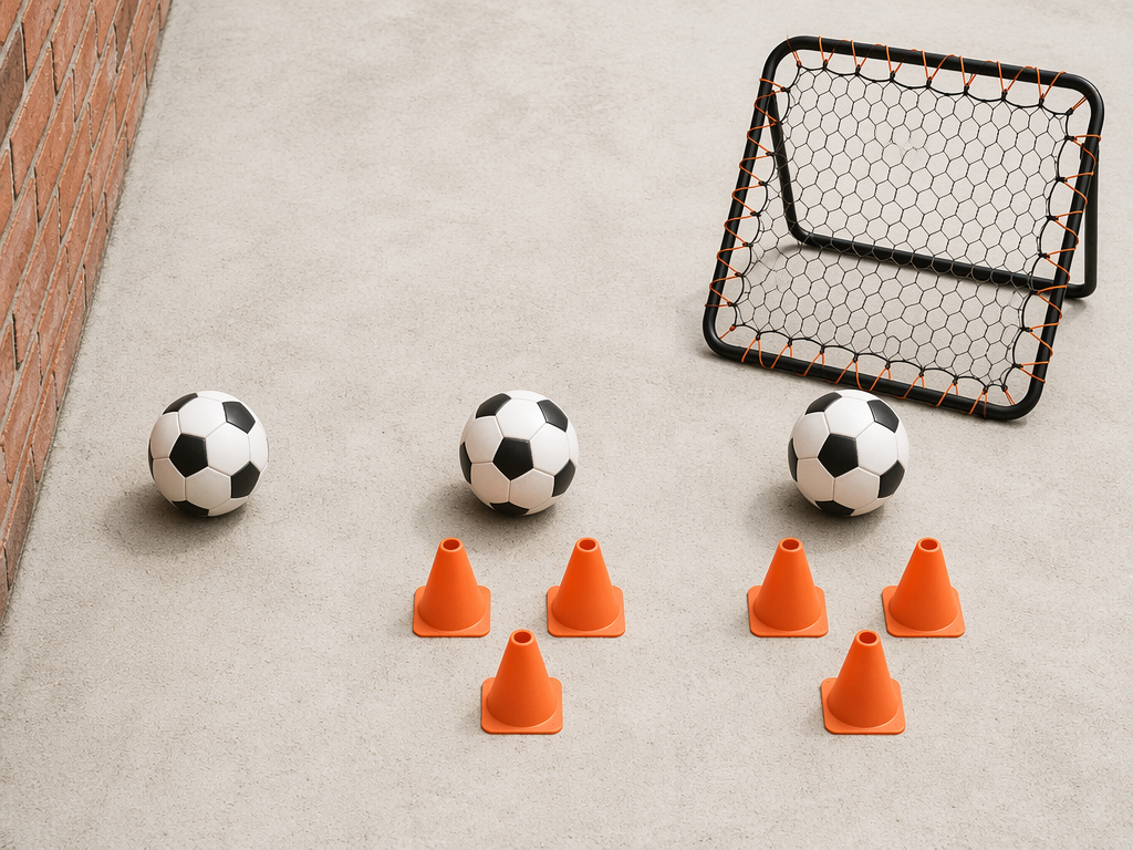 Three soccer home training setups with a ball and wall, ball with cones, and ball with cones plus rebounder