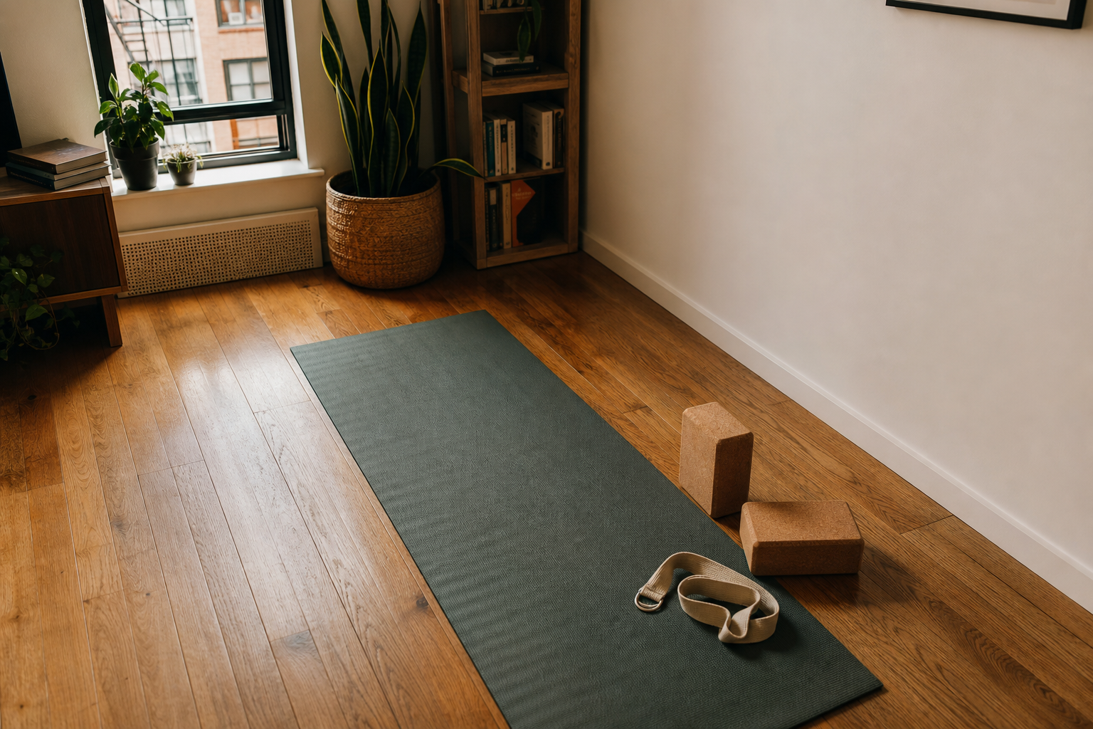 Yoga mat with two foam blocks and a fabric strap in a compact apartment training area near a blank wall