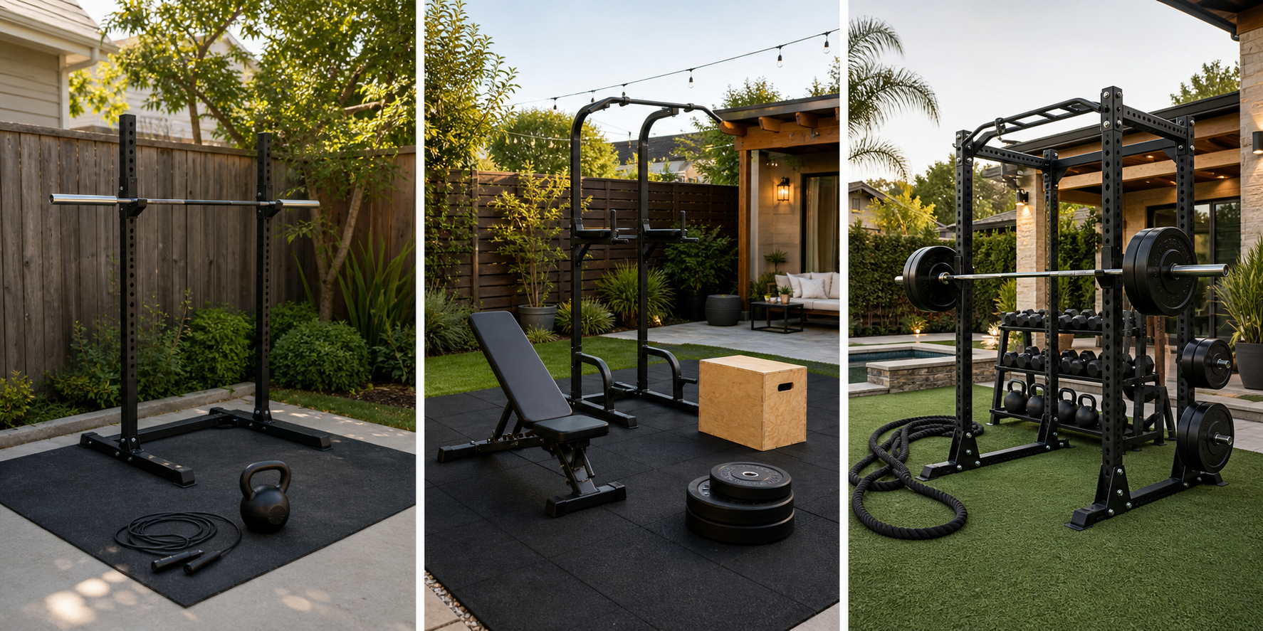 A three-panel illustration comparing outdoor home gym setups at $500, $1,500, and $3,000+ budget tiers.