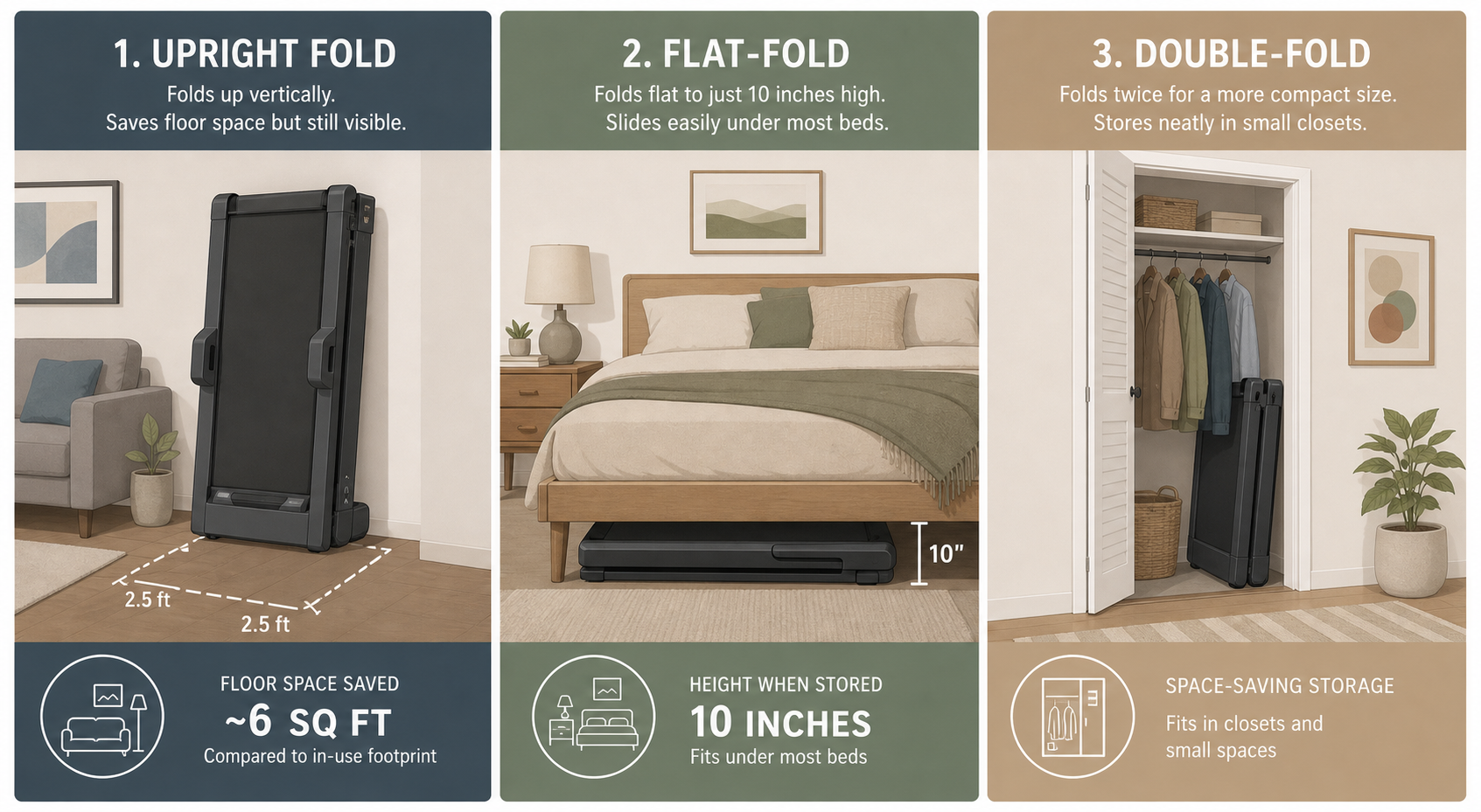 Three folding treadmill storage types: upright fold against a wall, flat-fold under a bed, and double-fold in a closet.