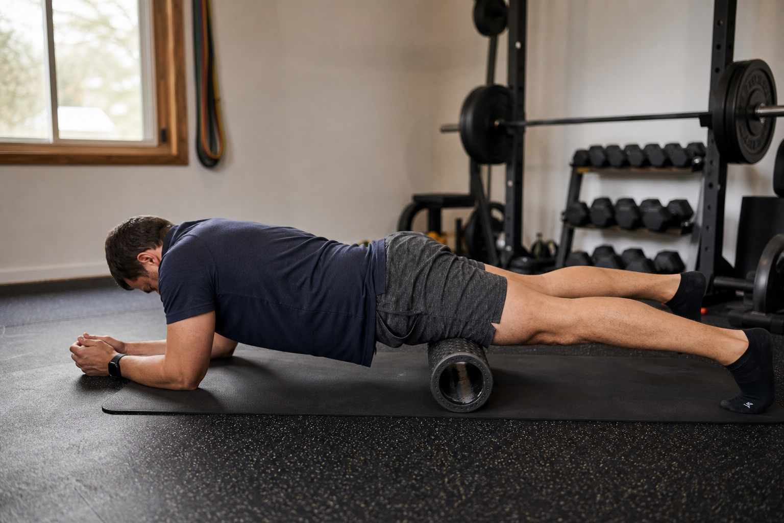 Person lying prone on a rubber exercise mat in a home gym, using a cylindrical foam roller under their quadriceps, with dumbbells visible in the background.