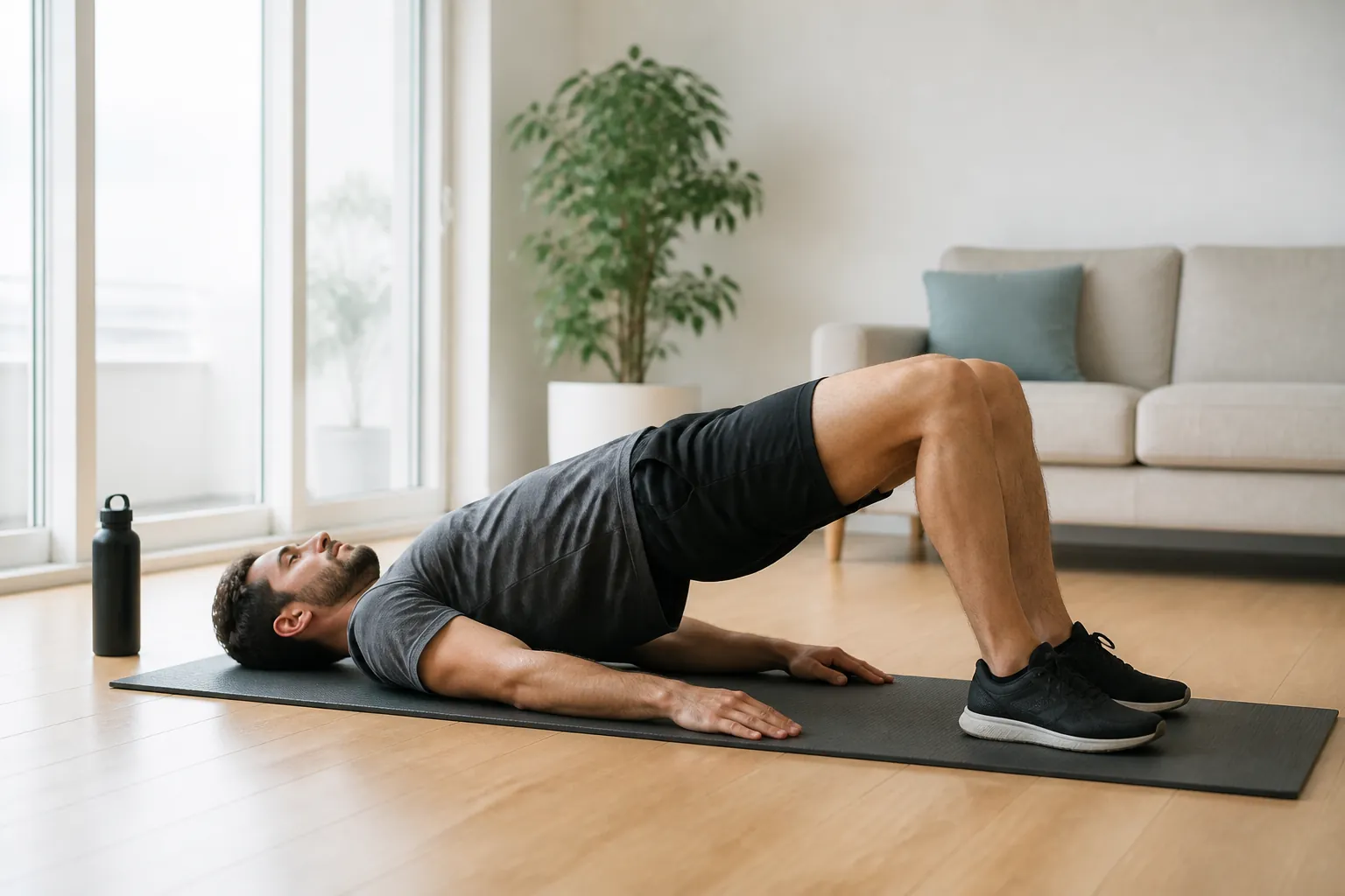 Person performing a double-leg glute bridge on a yoga mat at home
