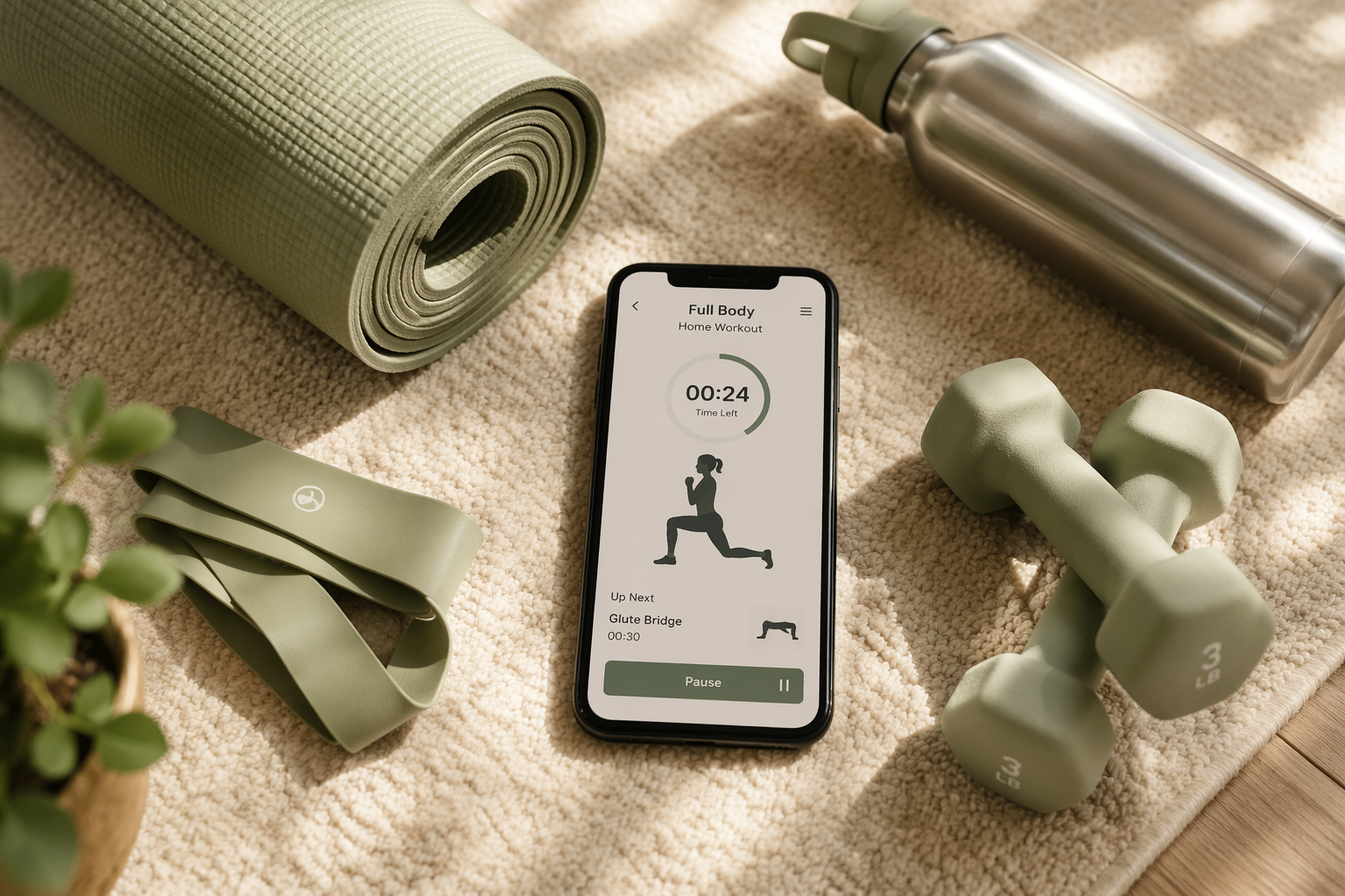 A flat-lay composition on a soft carpet showing a smartphone displaying a workout app timer and exercise demo silhouette, alongside a rolled yoga mat, a stainless steel water bottle, small dumbbells, and a resistance band.