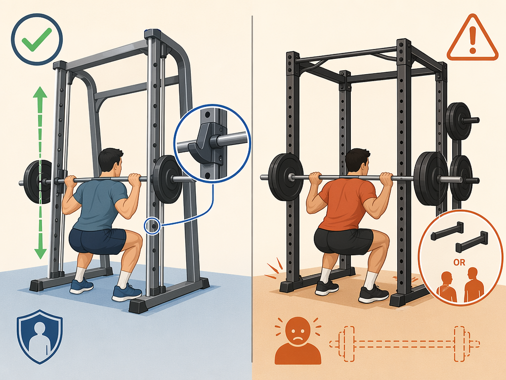 Side-by-side illustration comparing solo training safety: Smith machine with guided bar path and safety hooks versus power rack requiring spotter arms.