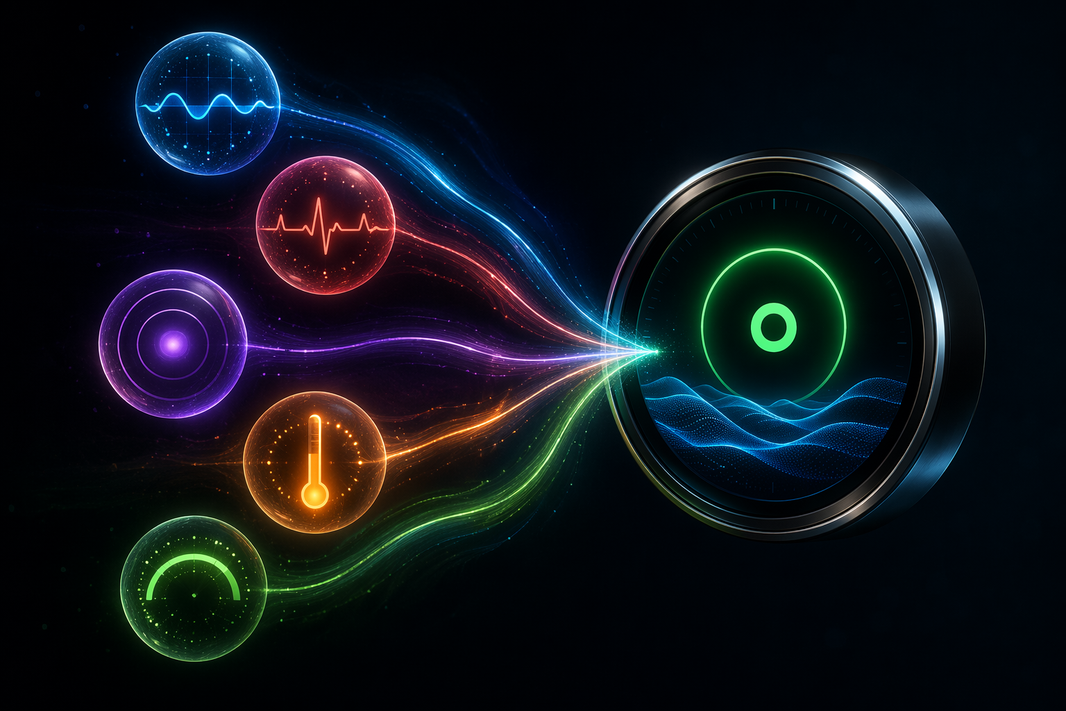 Glowing data signals flowing into a circular readiness display