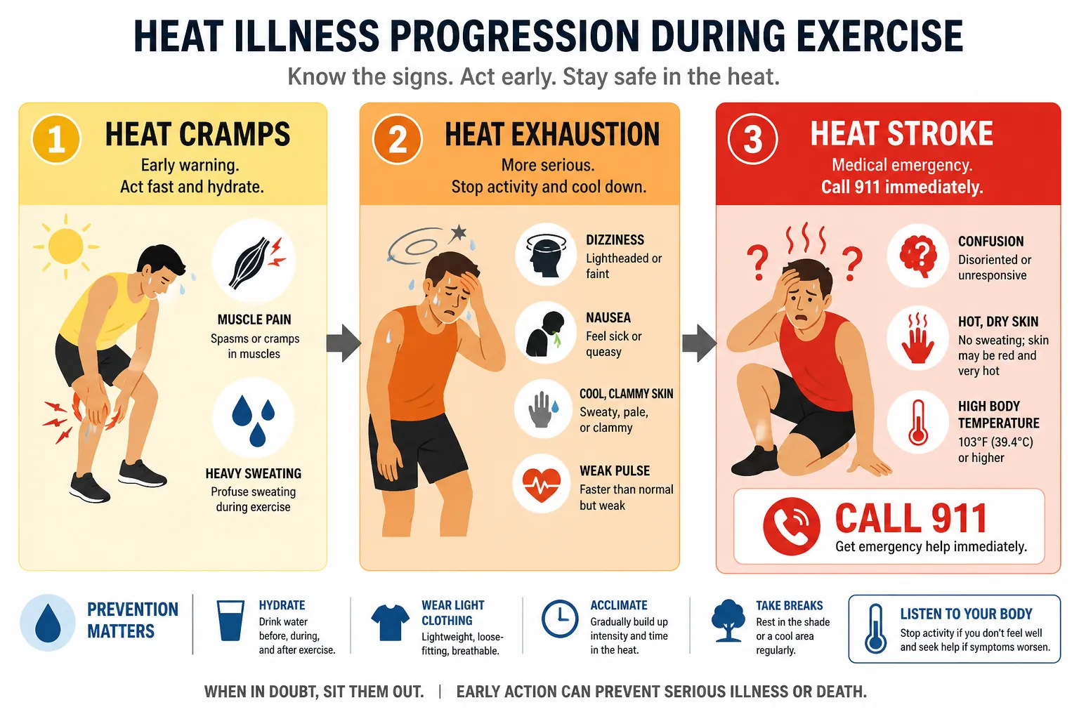 Infographic showing heat illness progression from cramps to heat exhaustion to heat stroke with 911 emergency icon