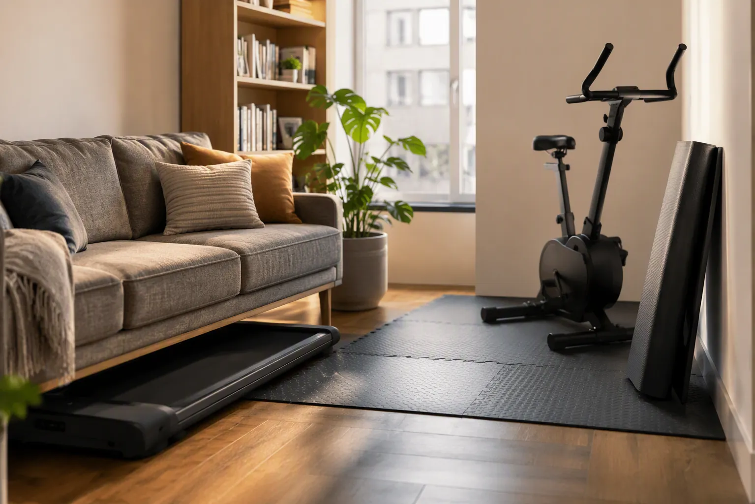 Small rented apartment living room with a walking pad, compact exercise bike, and rubber floor tiles for apartment workouts