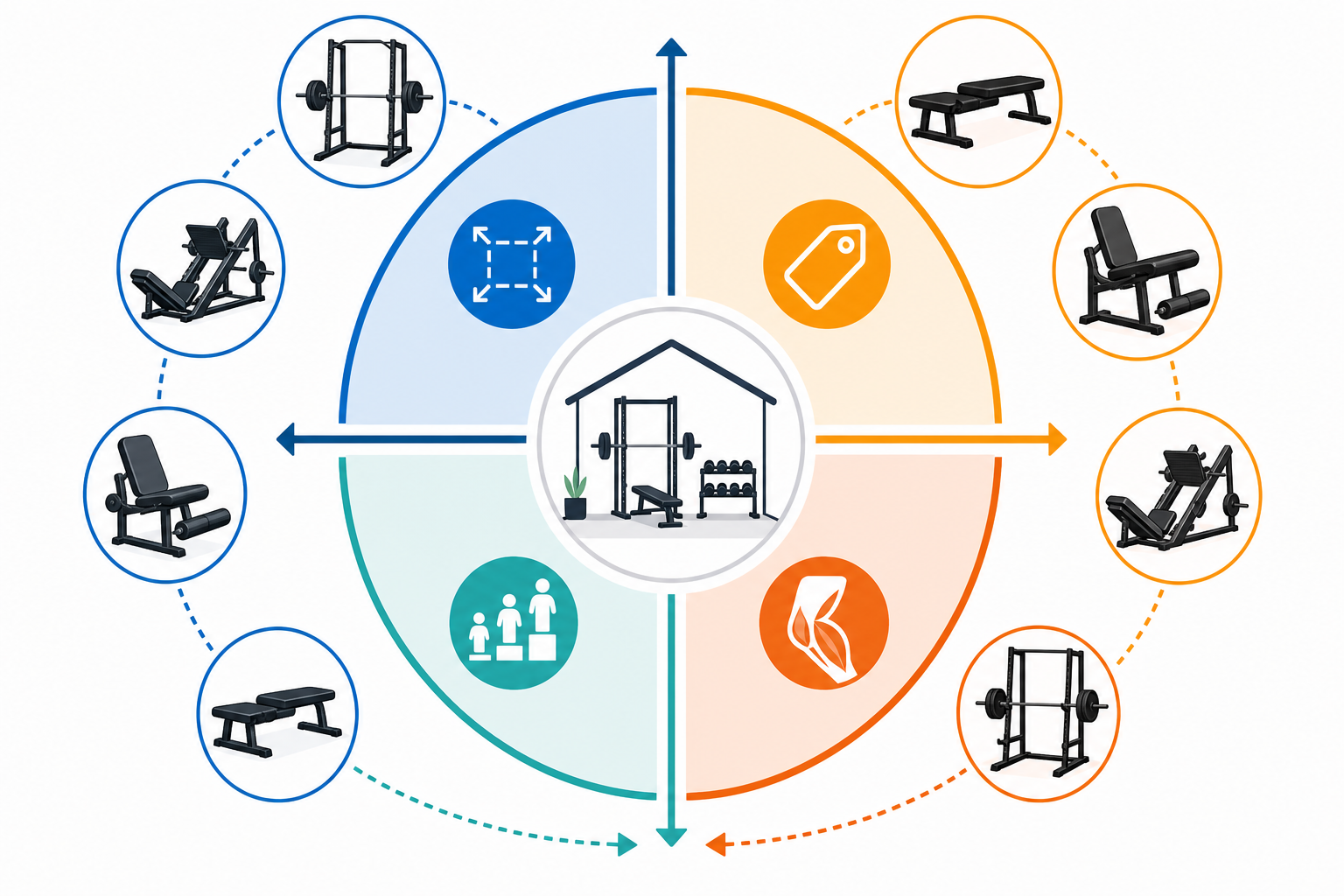 An editorial four-quadrant diagram showing a decision framework for leg equipment with constraint axes for space, budget, experience level, and training goal, with simplified silhouette icons of different leg machine types positioned across the quadrants