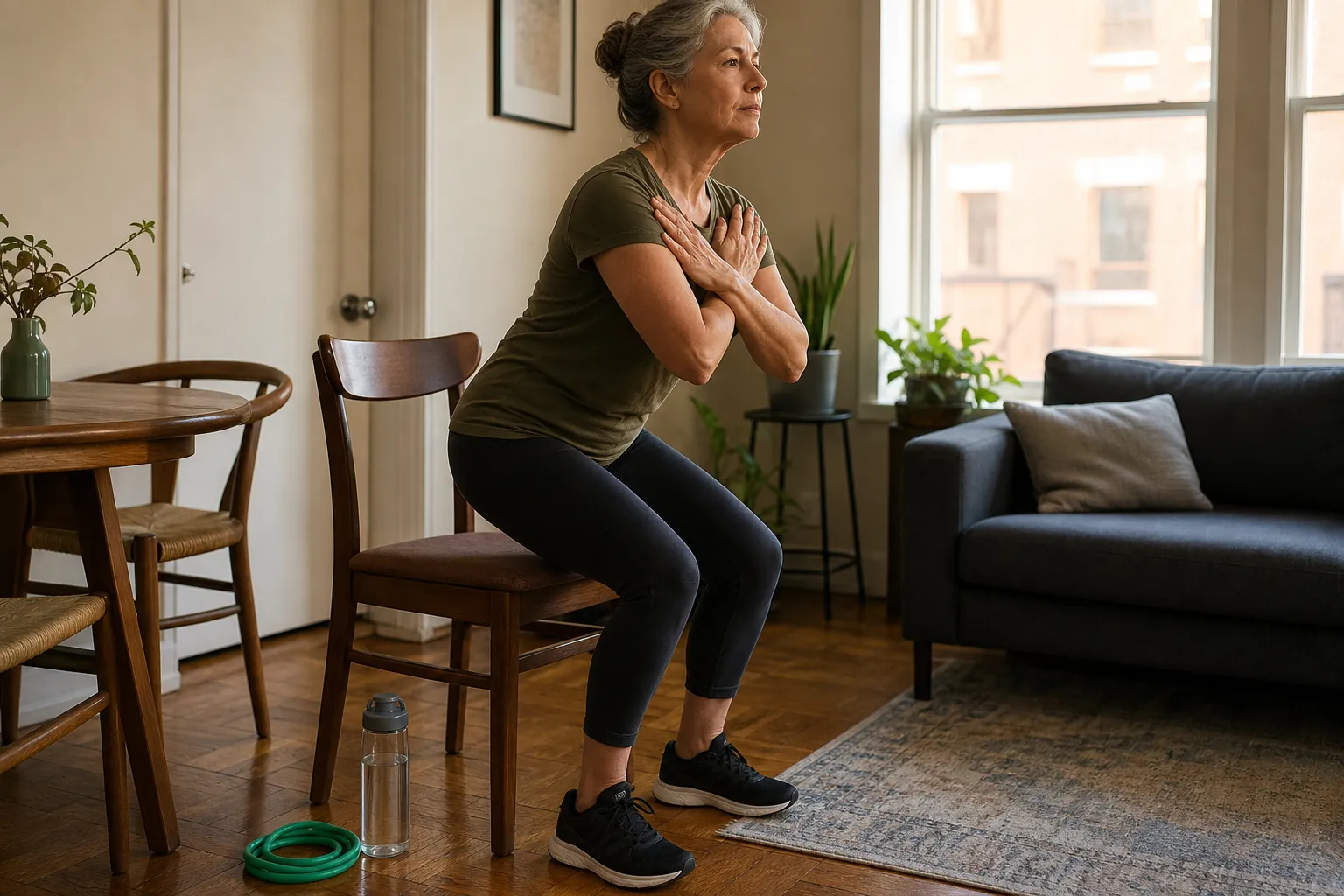 Woman doing a slow sit-to-stand exercise from a wooden chair in a small apartment living room