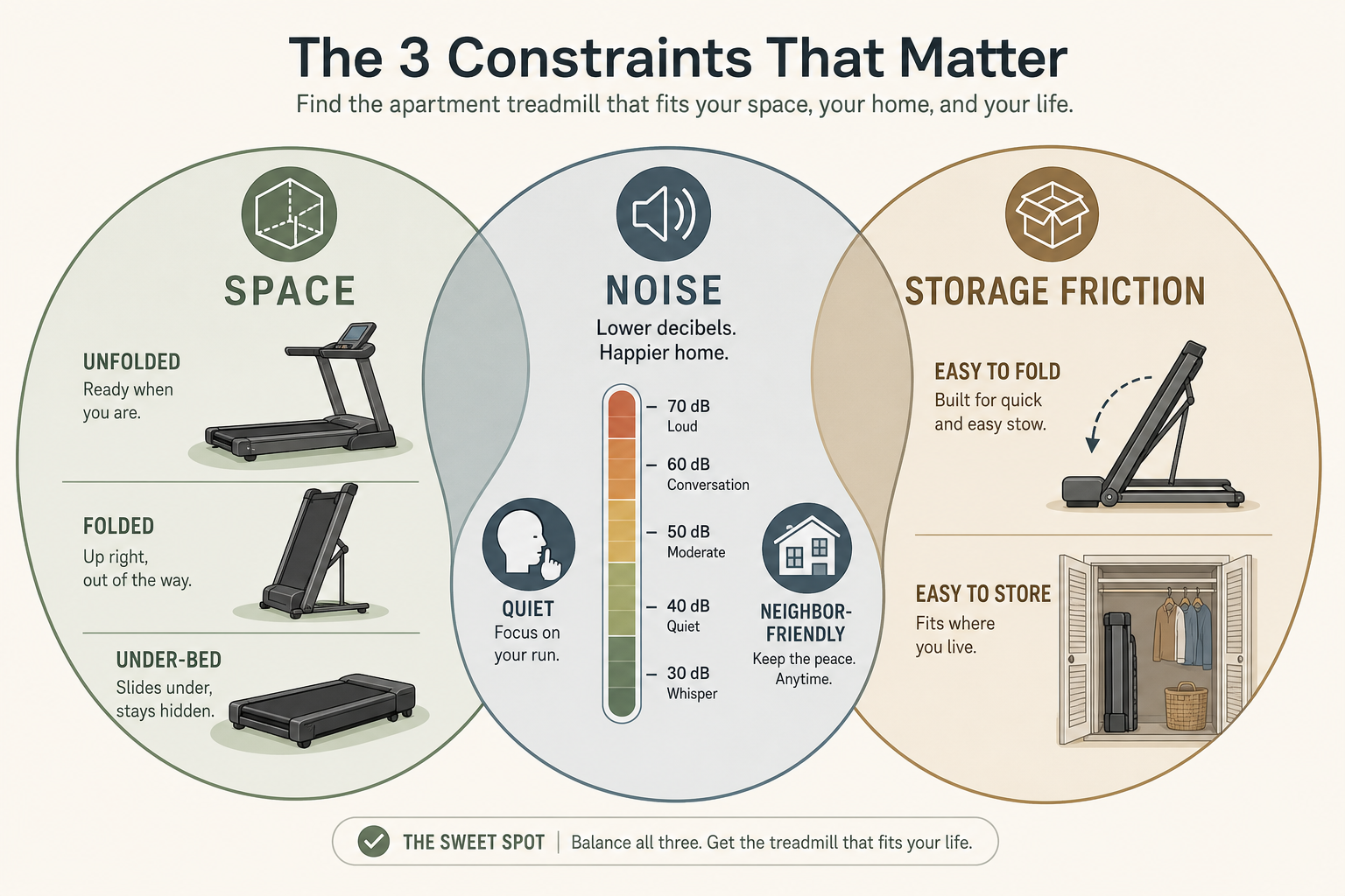 Three intersecting constraint axes for apartment treadmill selection: Space, Noise, and Storage Friction.
