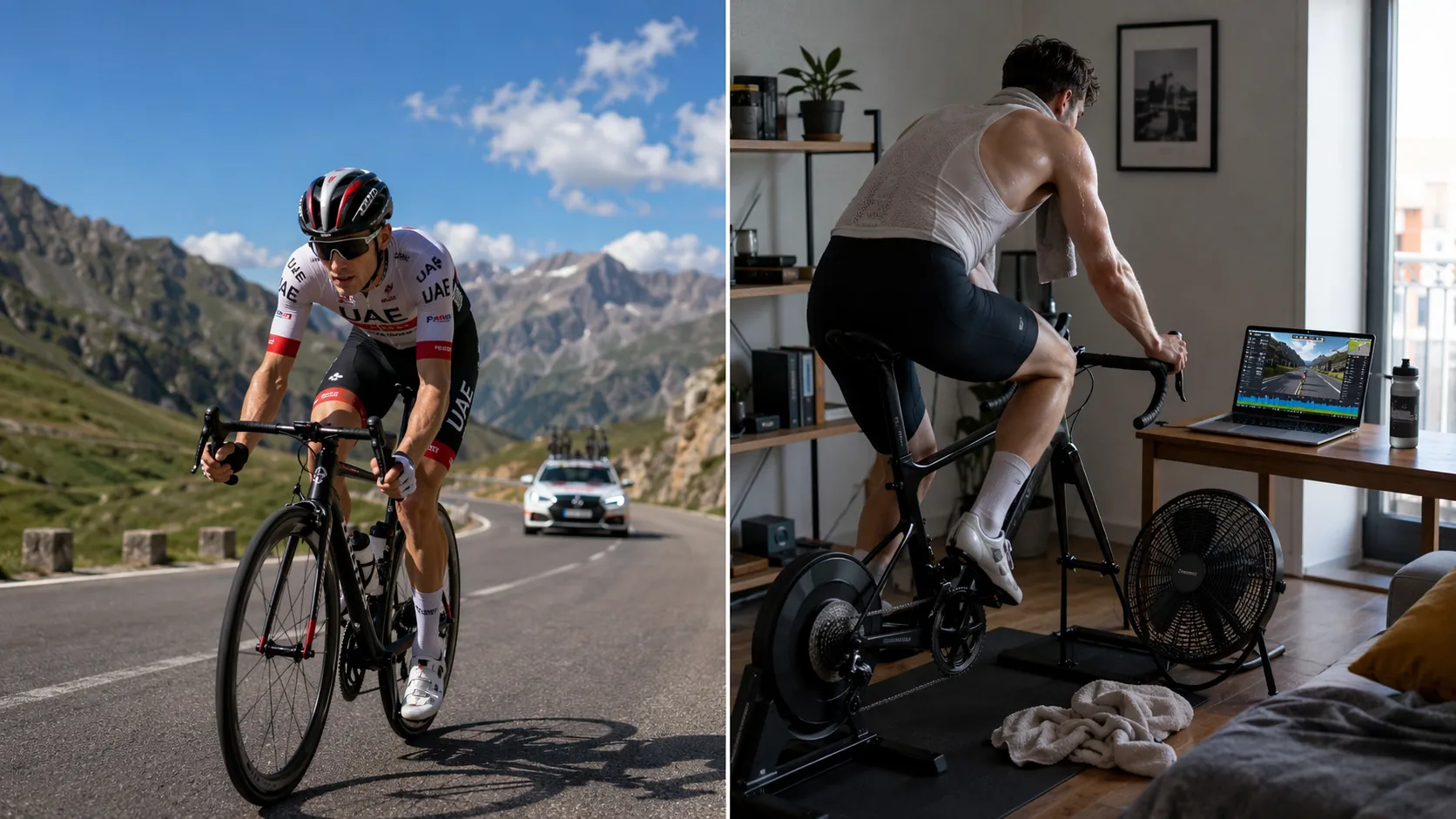 Professional cyclist on a mountain road contrasted with a home cyclist riding a smart trainer in a small apartment corner