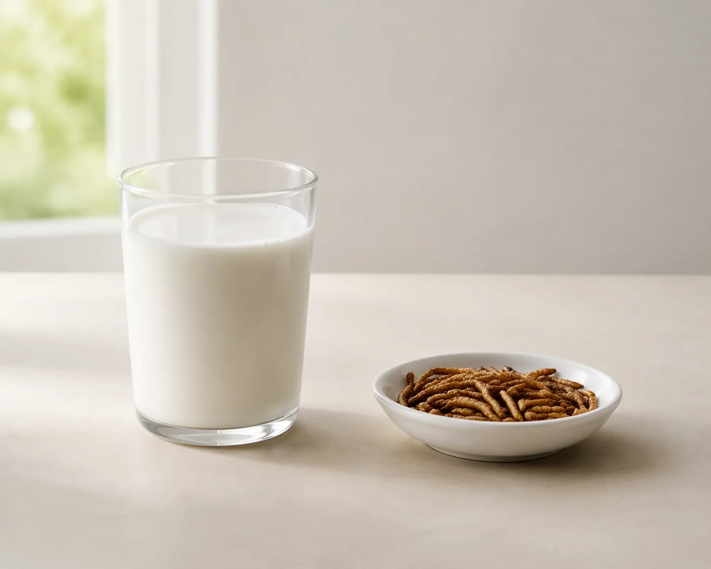 Glass of milk and dried mealworms side by side for a protein comparison