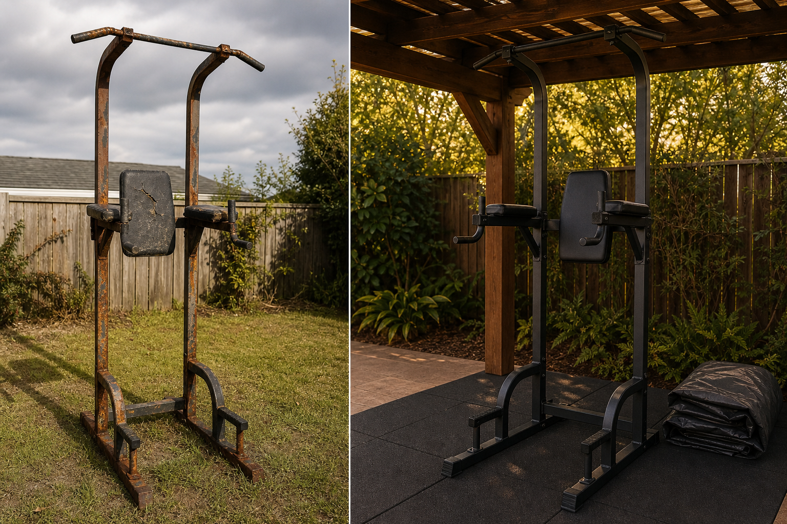 Split-scene comparison of a neglected rusted power tower in direct sun versus a pristine power tower under a pergola with rubber mats.