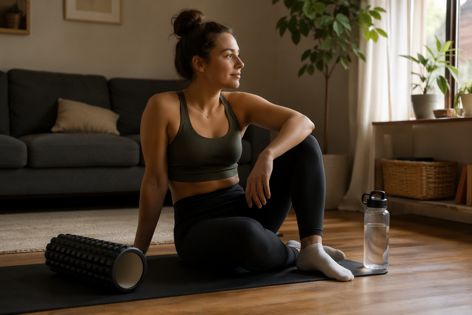 Person sitting on a yoga mat at home with a foam roller and water bottle after a workout