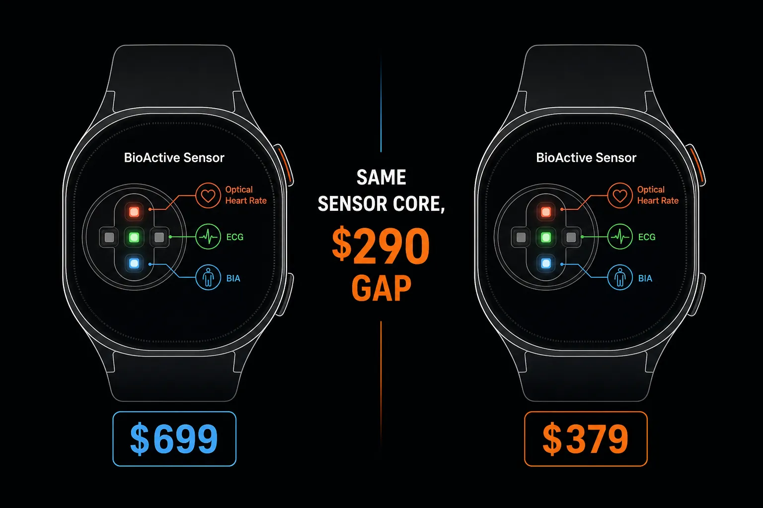 Two identical smartwatch outlines with BioActive sensor diagrams labeled with $699 and $379 prices