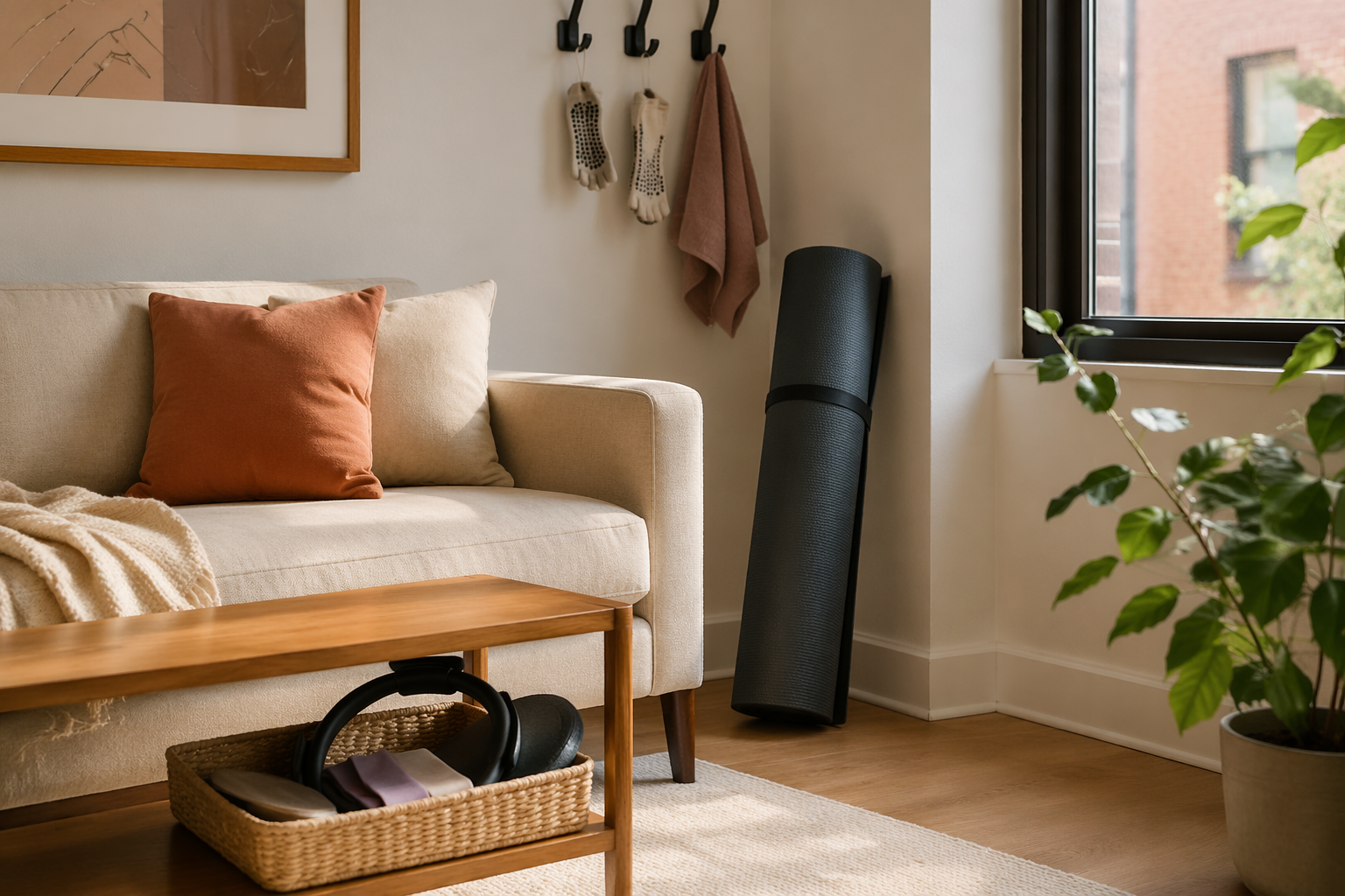 Organized apartment corner with a rolled Pilates mat, basket of small Pilates equipment, and wall hooks