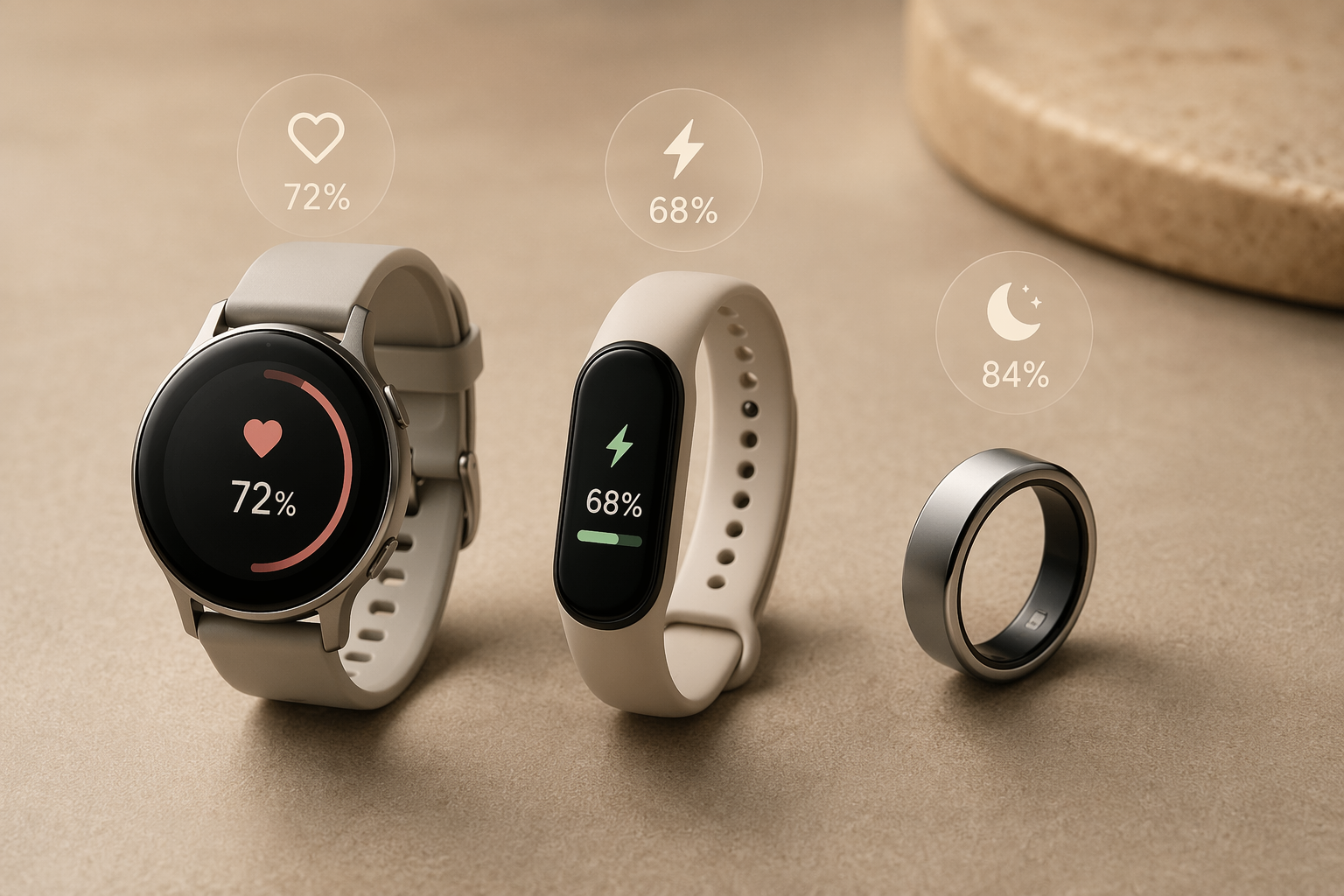Editorial flat-lay of a sport smartwatch, a slim fitness band, and a sleek smart ring on a warm neutral surface with floating health icons above each device.