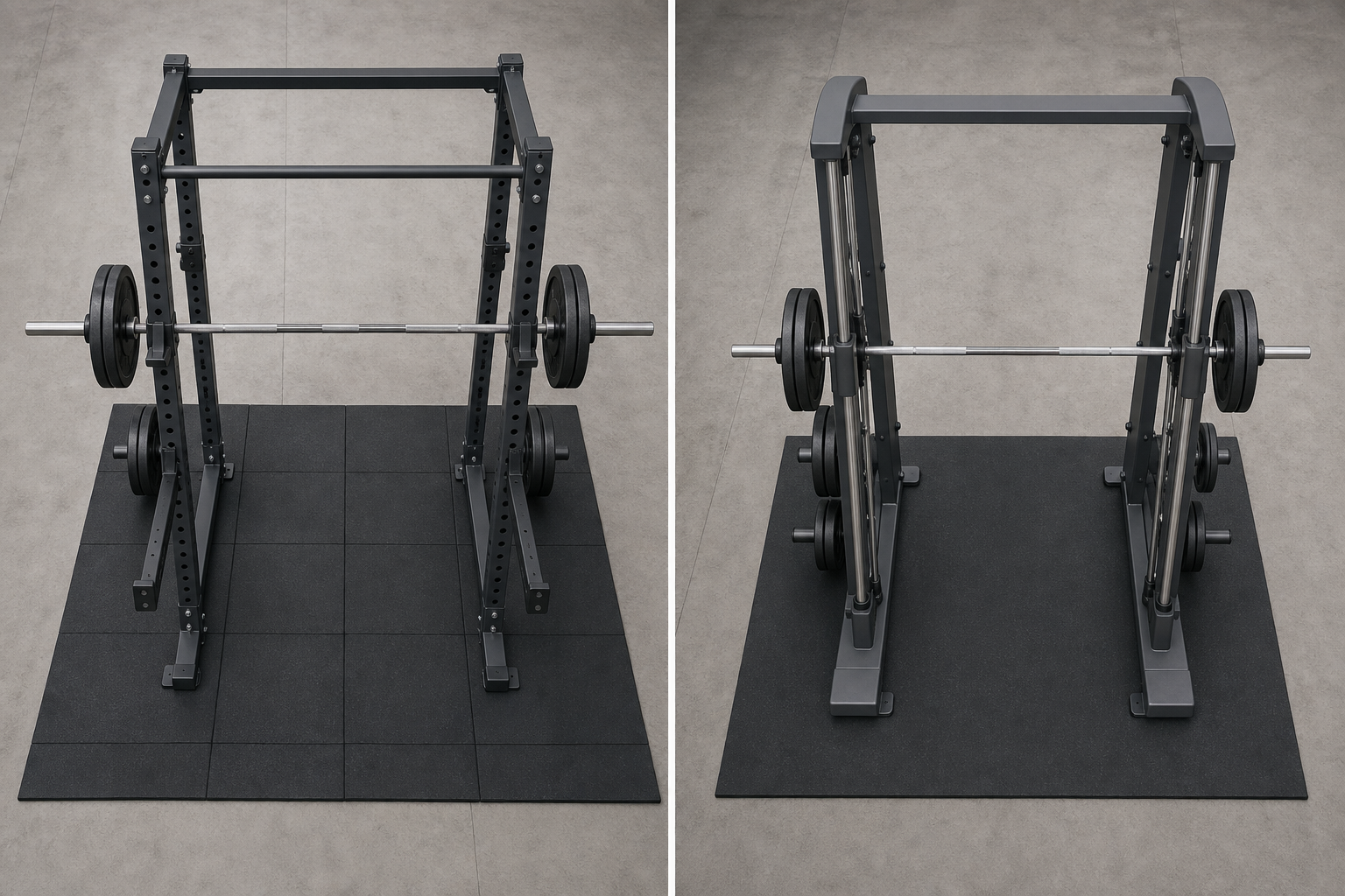 Split-panel illustration comparing a four-post power rack with free barbell on the left and a Smith machine with guided bar rails on the right, both on rubber mat flooring