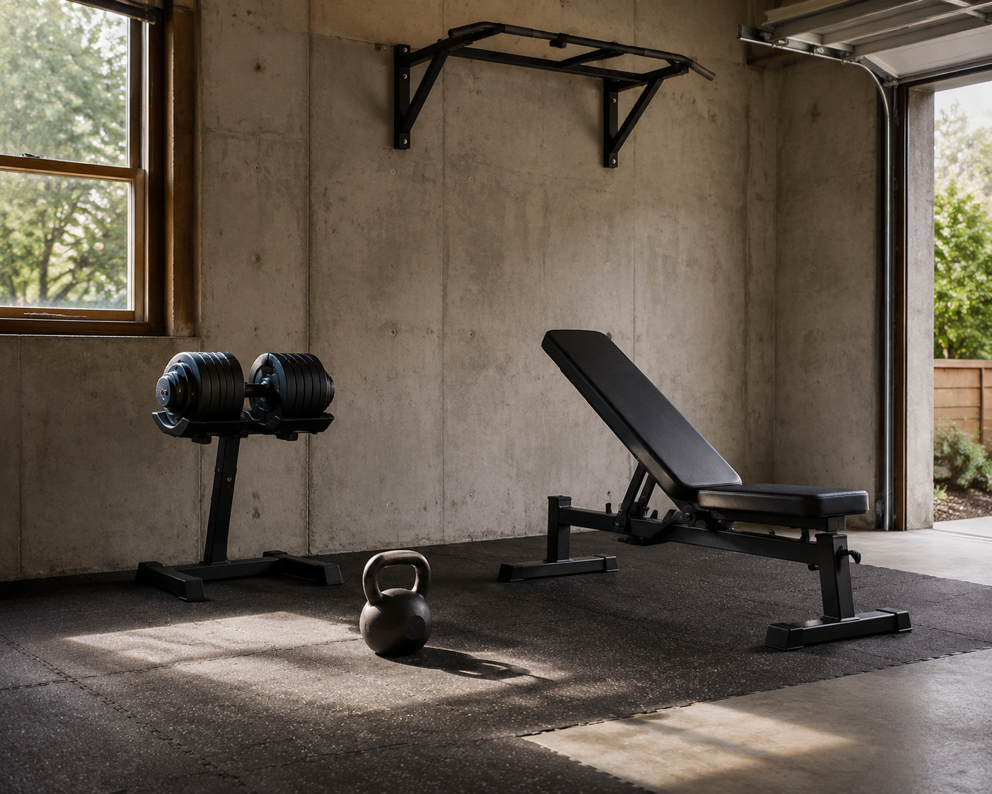 Minimal home garage gym with dumbbell, kettlebell, pull-up bar, bench, and rubber mat flooring