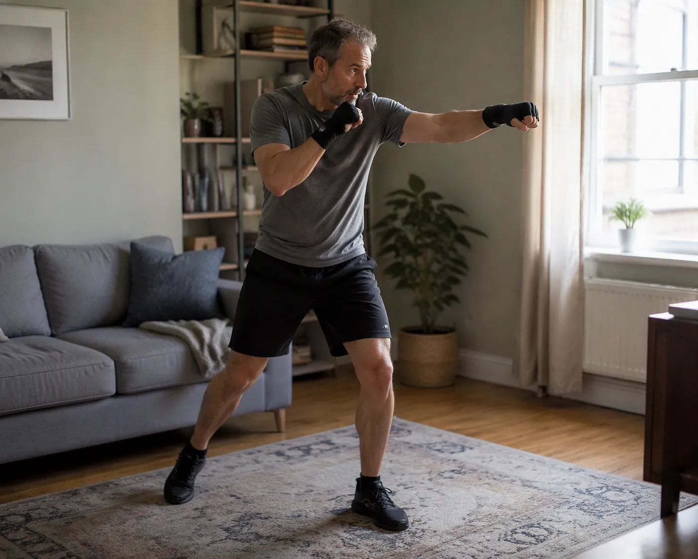Middle-aged person doing quiet shadow boxing footwork drills on a rug in a small apartment living room