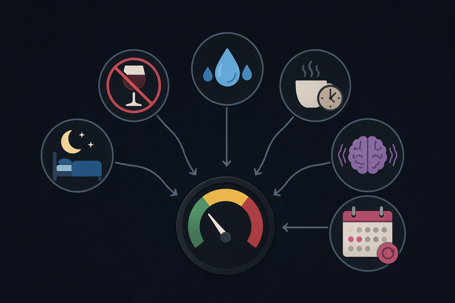 Lifestyle behavior icons for sleep, alcohol, hydration, caffeine timing, stress, and menstrual cycle arranged around a recovery gauge