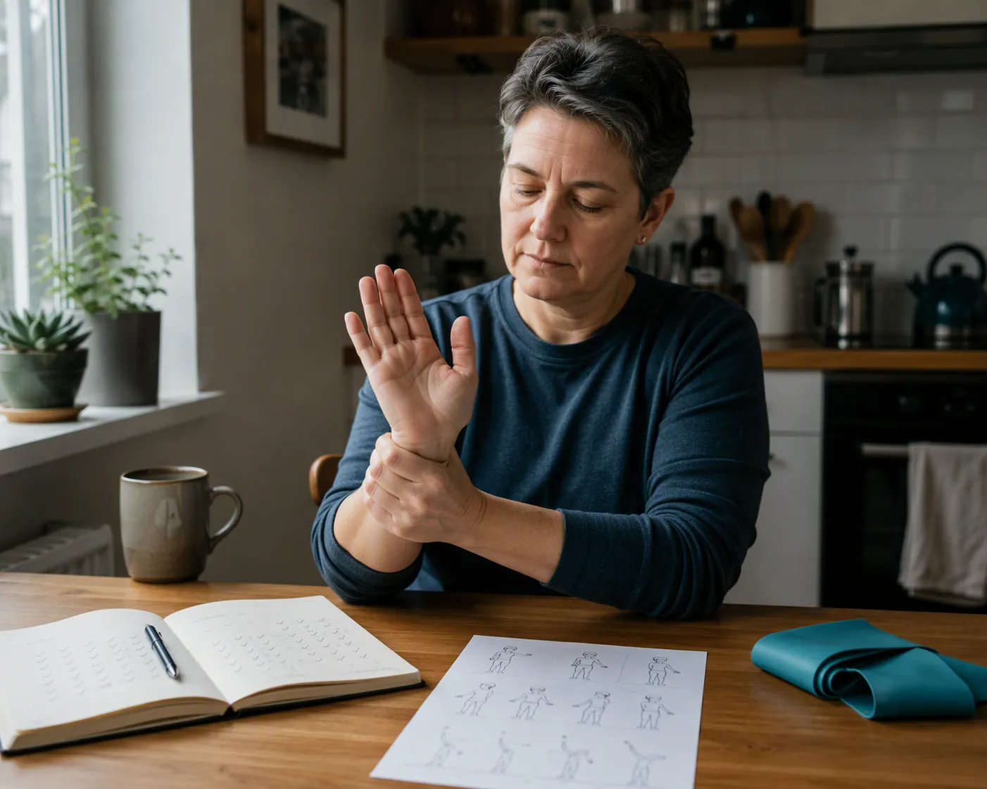 Person performing a controlled wrist rehabilitation exercise at a kitchen table with an exercise diary and instruction sheet nearby