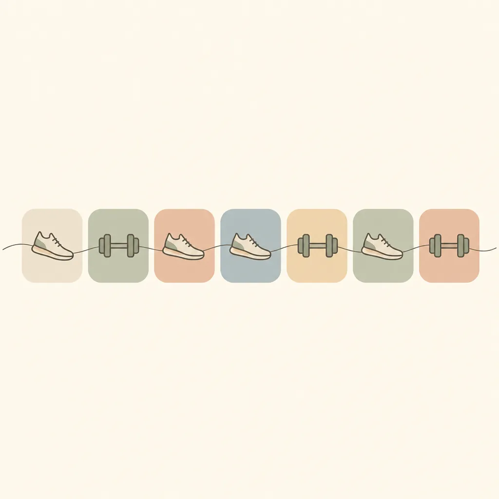 A weekly home fitness rhythm with walking-shoe icons on most days and dumbbell icons on three days