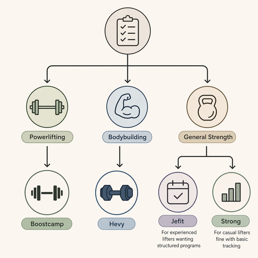 Decision flow diagram with three branching paths labeled Powerlifting, Bodybuilding, and General Strength, each pointing to a recommended app icon.