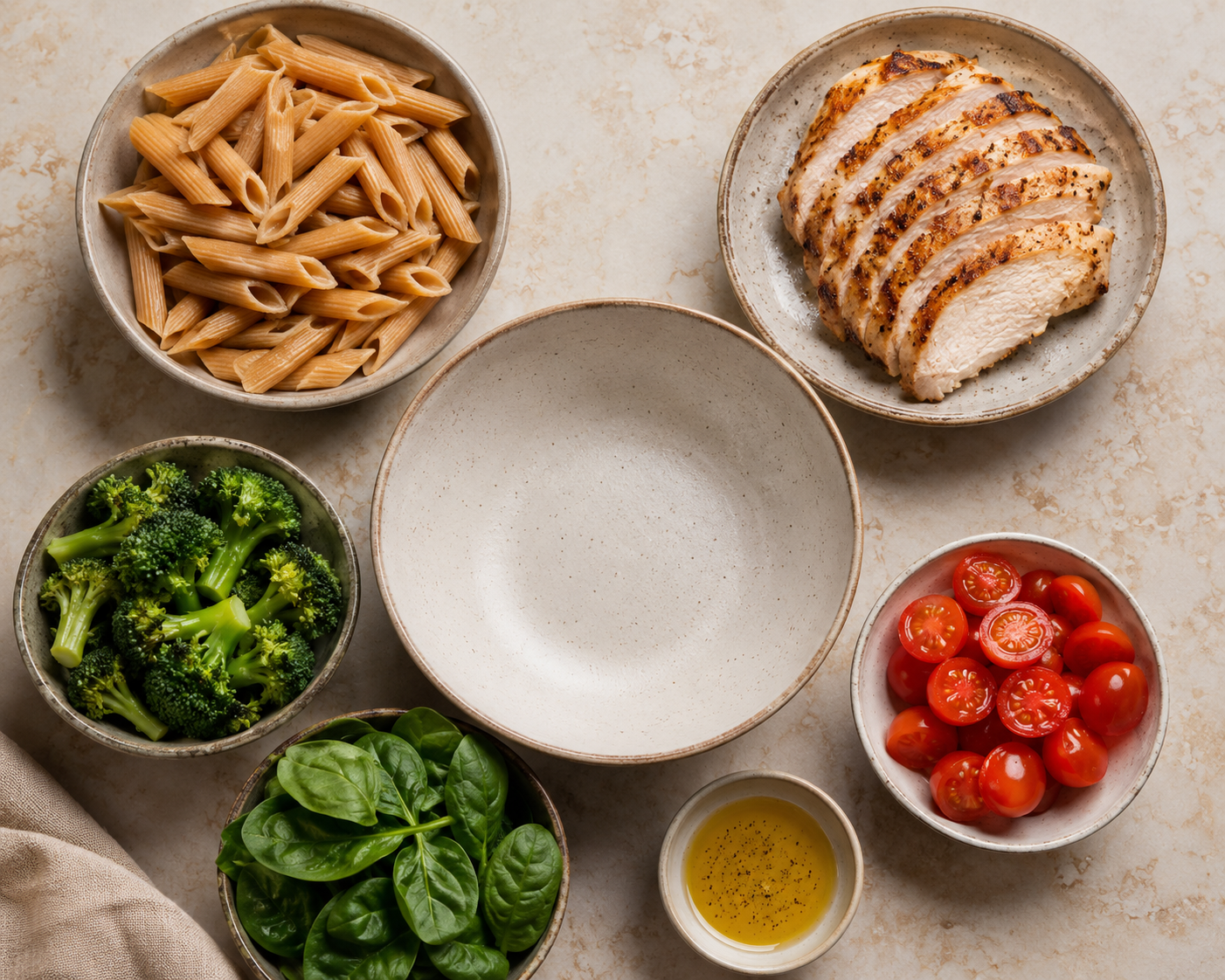 Whole wheat penne, grilled chicken, broccoli, tomatoes, spinach, and olive oil sauce arranged for a recovery pasta bowl