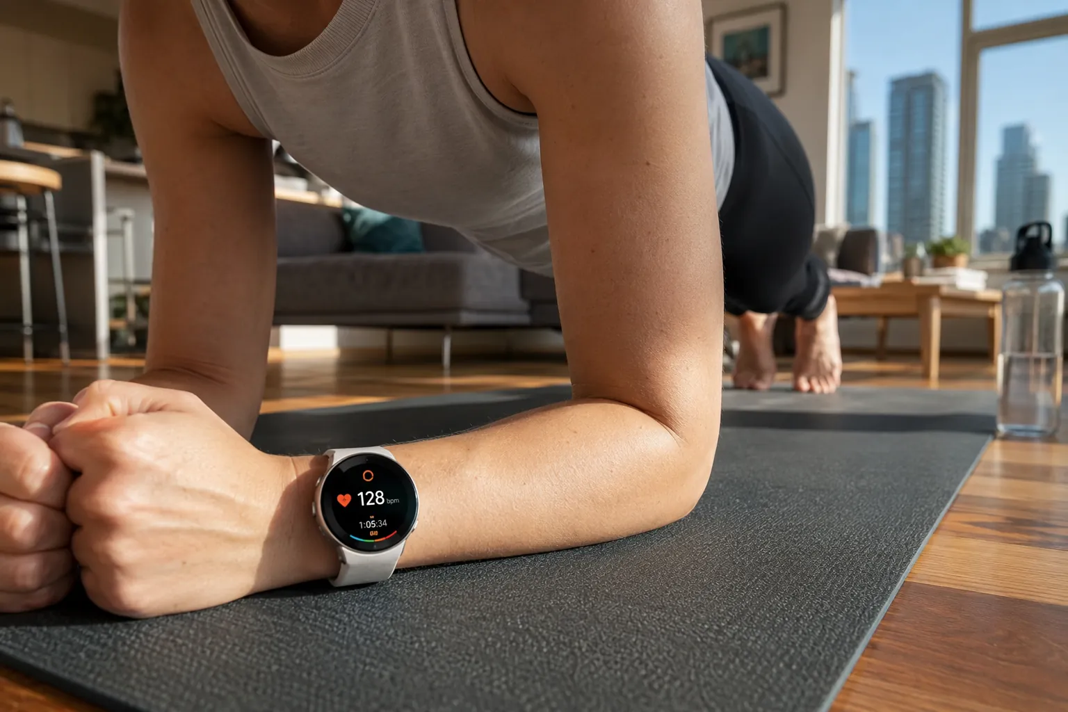A person wearing a smartwatch while doing a plank on a yoga mat in a small apartment