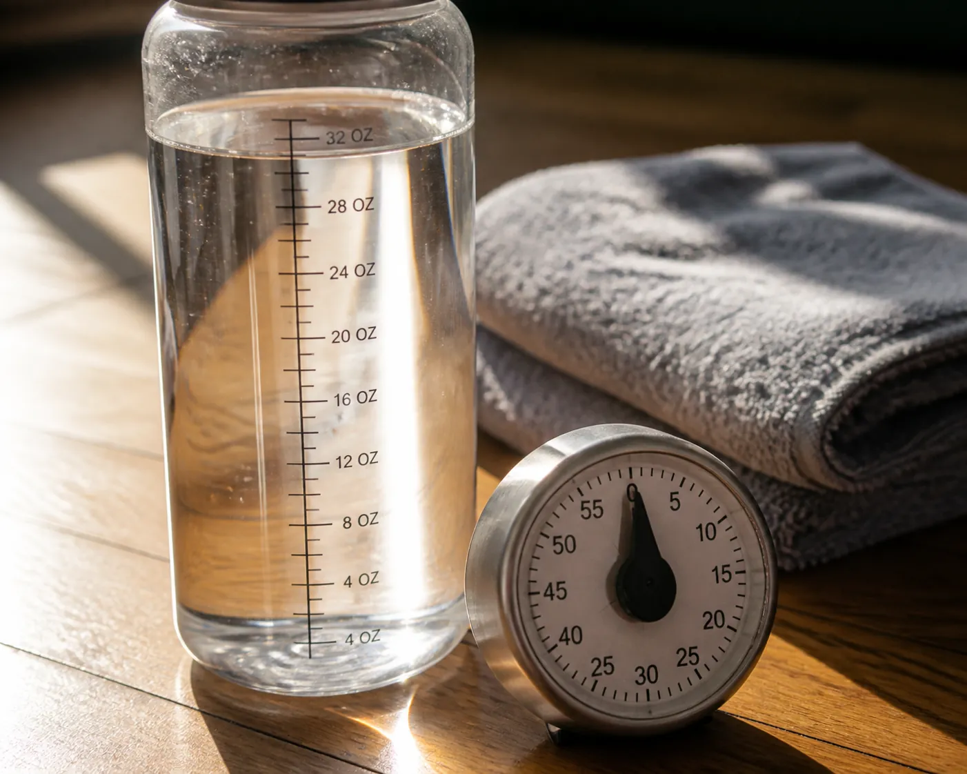 Marked water bottle beside a kitchen timer and folded towel, ready for scheduled hydration