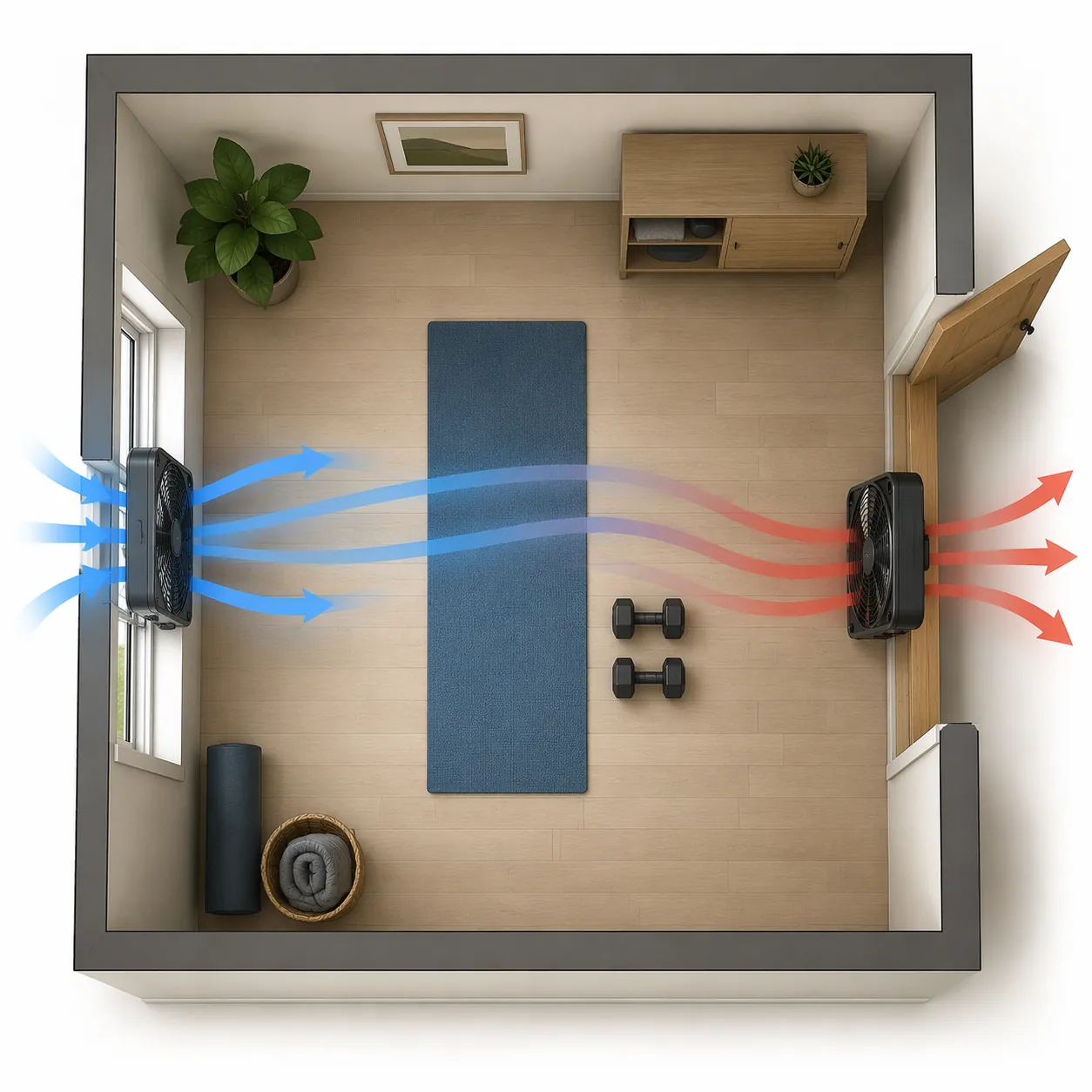 Top-down illustration of a small apartment workout room using two fans for cross-ventilation between a window and doorway