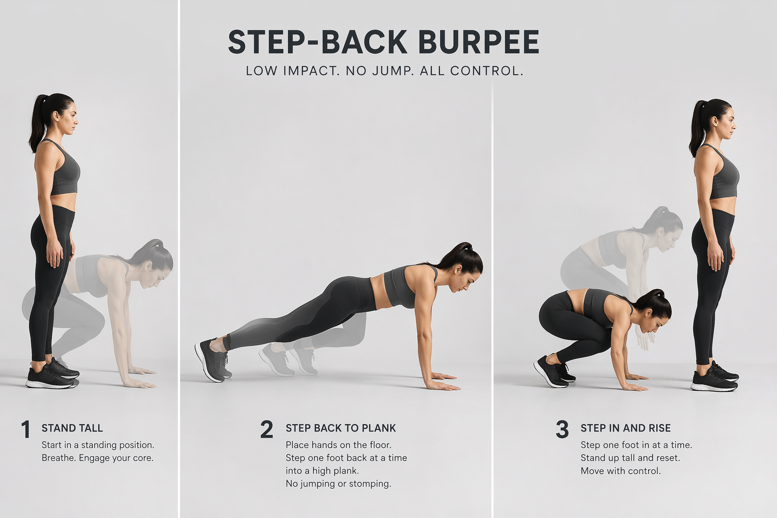 Three-panel sequence showing a quiet step-back burpee from standing to plank and back to standing
