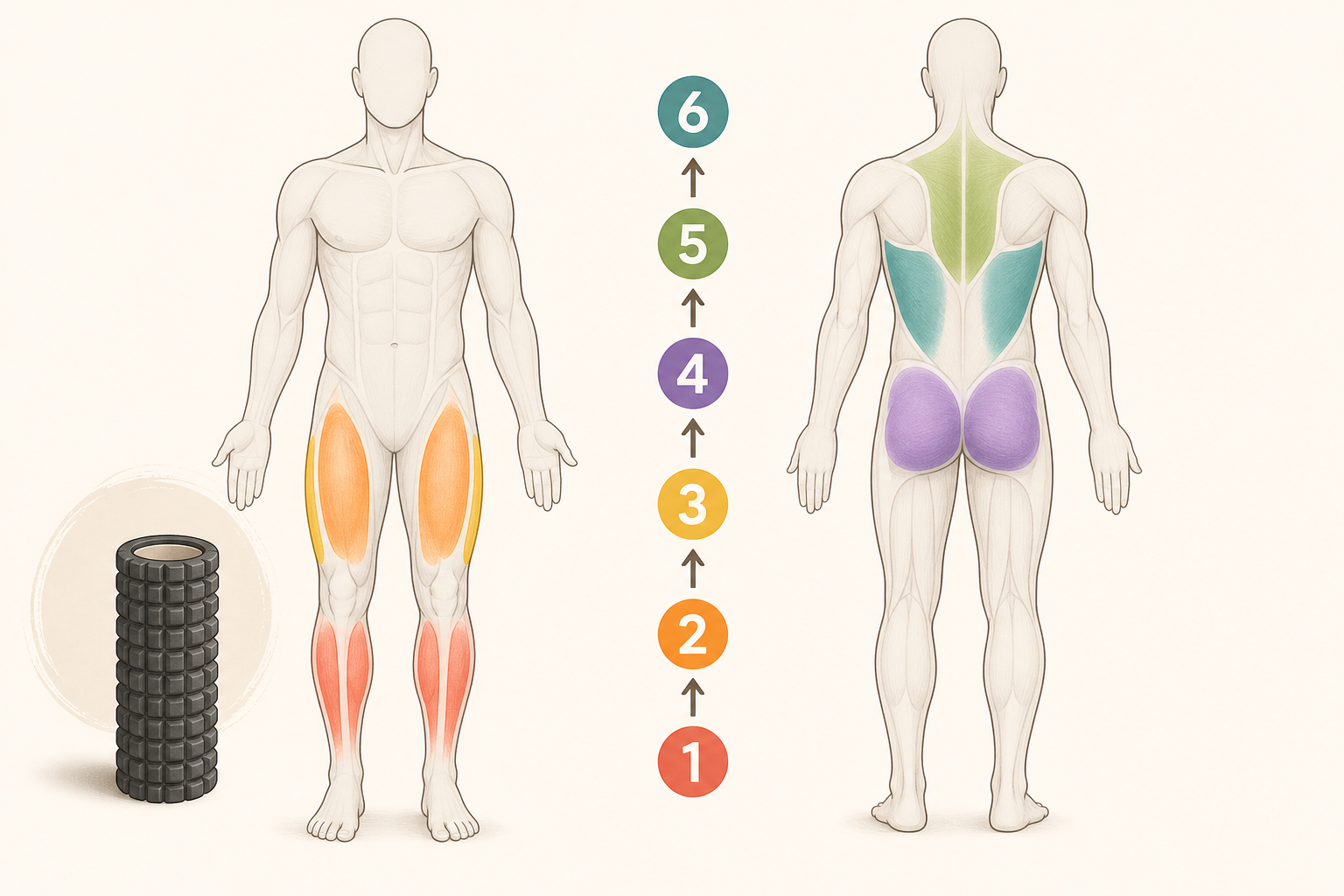 A gender-neutral body silhouette showing six numbered muscle zones in bottom-to-top order: calves, quads, outer thigh, glutes, upper back, and lats, with a foam roller icon.