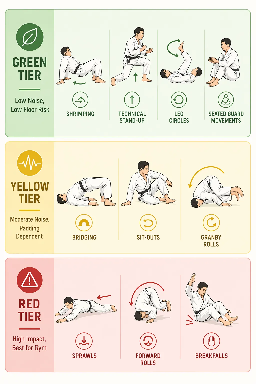 Infographic showing green, yellow, and red apartment-safety tiers for BJJ solo drills