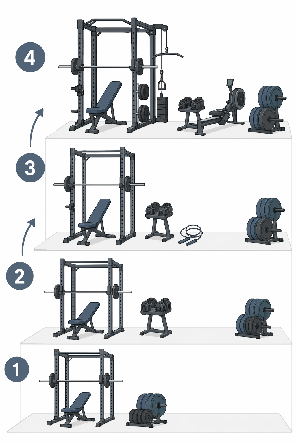 A step-ladder flat-vector infographic showing four home gym progression phases: Phase 1 (rack, barbell, bench, plates), Phase 2 (adds adjustable dumbbells and jump rope), Phase 3 (adds rowing machine), Phase 4 (larger rack with cable pulley, more plates, rower).