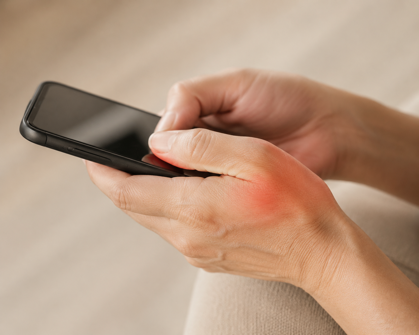 Two hands holding a smartphone with thumb and wrist tension