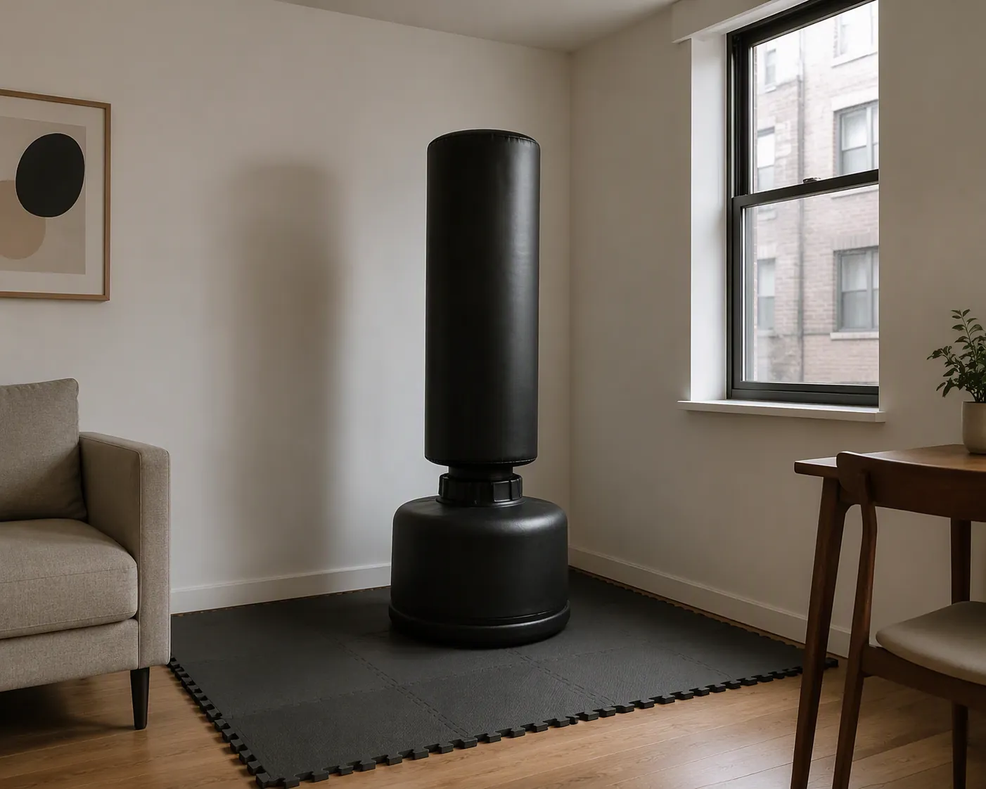 Freestanding boxing bag with a sand-weighted base on a thick protective mat in an apartment corner