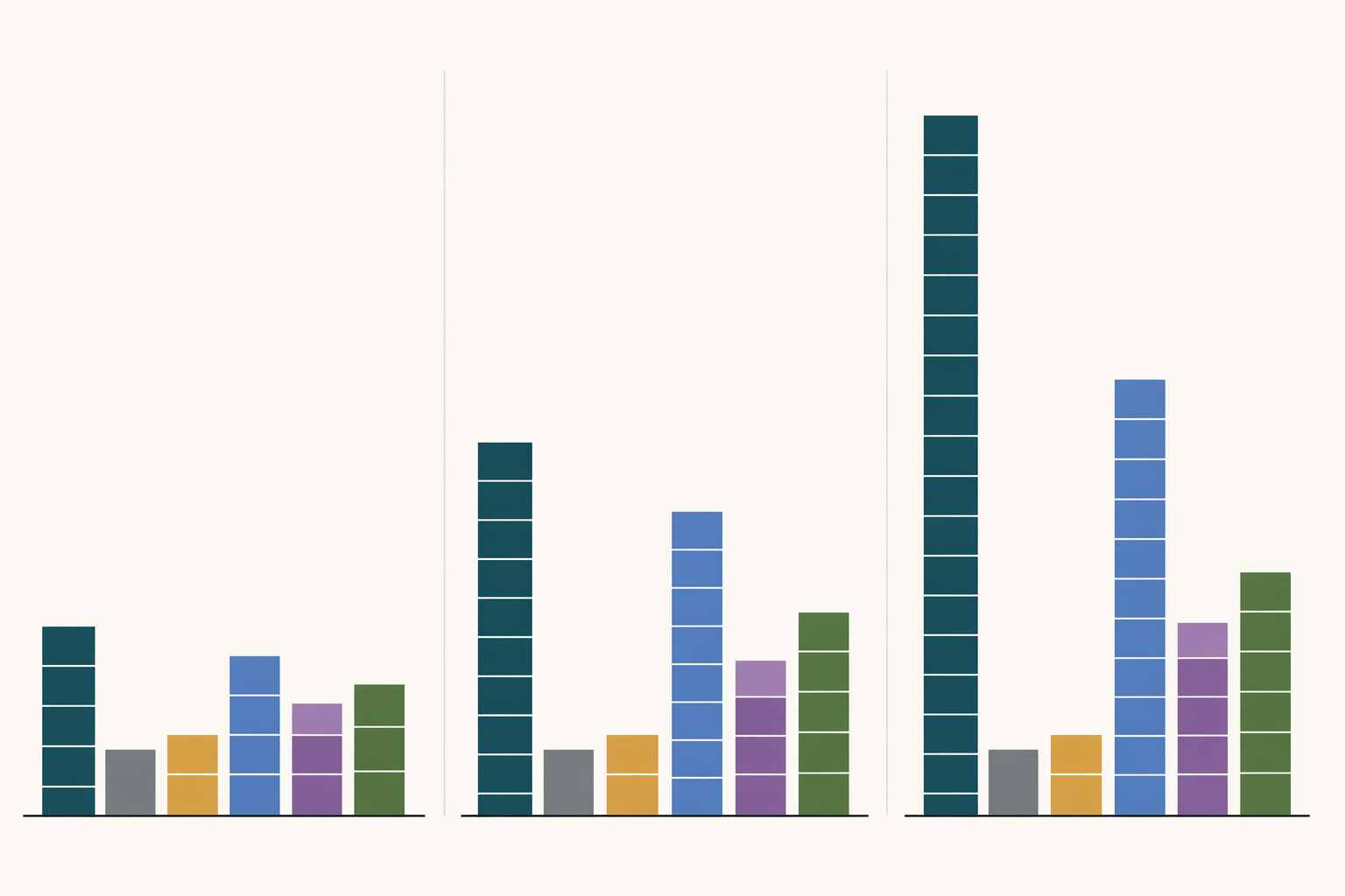 Clean editorial data visualization showing cumulative cost comparison over three years for multiple fitness trackers. Six colored rectangular bar stacks rise across Year 1, Year 2, and Year 3 columns. A dark teal bar (Whoop Peak) grows tallest each year reaching roughly 7x the height of a short slate gray bar (Fitbit Air). Other bars in warm amber, steel blue, muted purple, and forest green remain shorter. Light neutral background, no text or brand names.