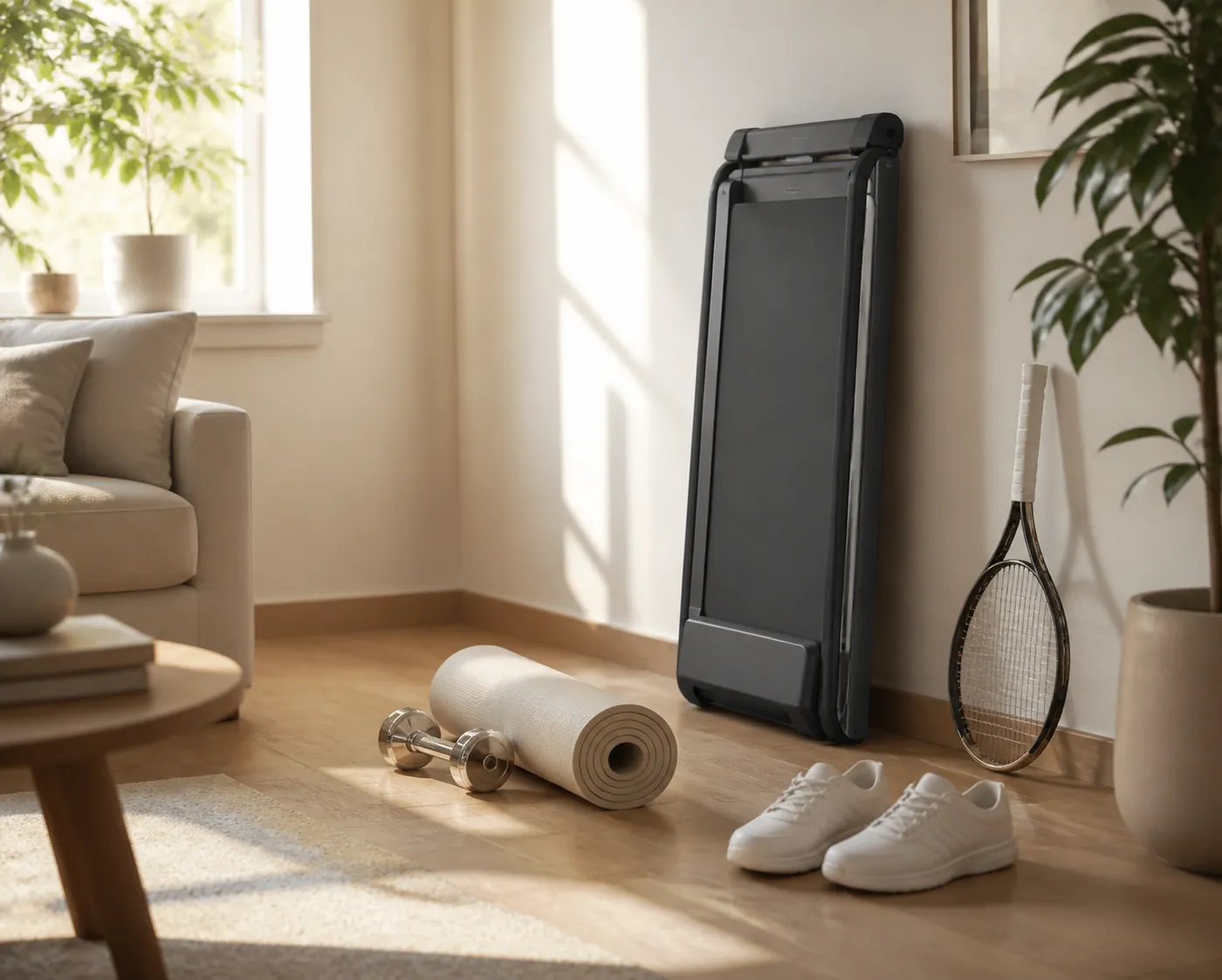 Compact apartment workout corner with a Pilates mat, dumbbells, sneakers, foldable walking treadmill, and tennis racket