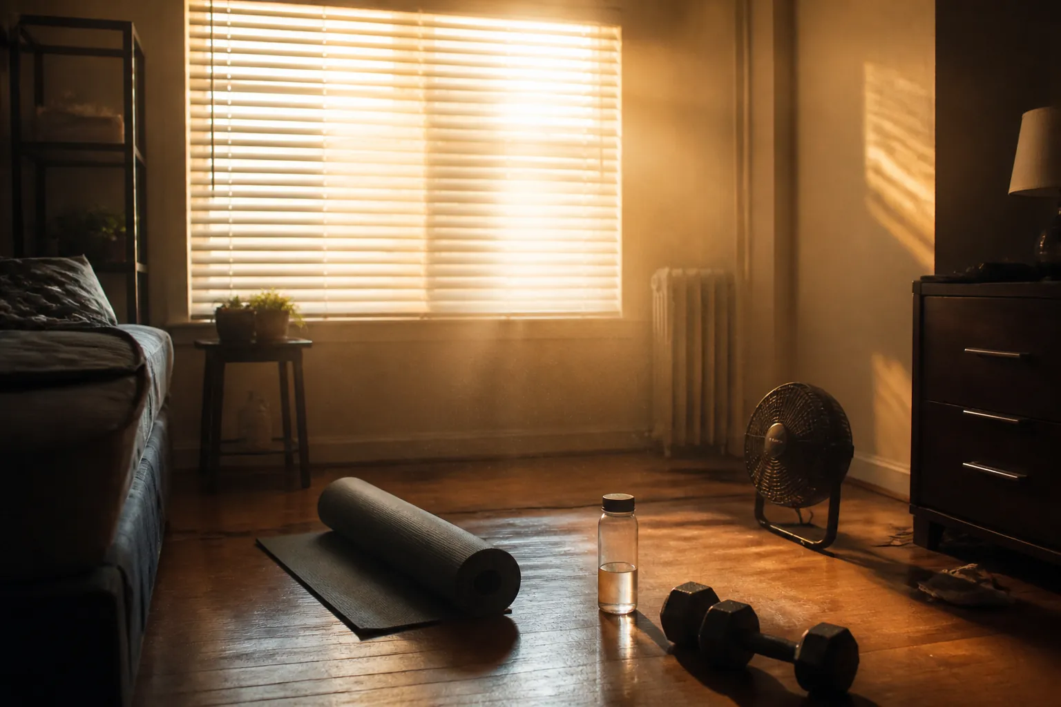 Small apartment room set up for a home workout during a heat wave, with closed blinds, a mat, dumbbells, water bottle, and fan