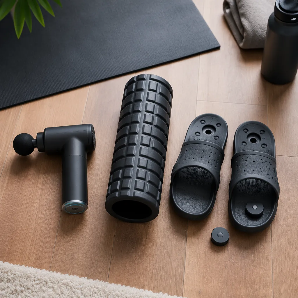 Massage gun, foam roller, and recovery slides arranged on an apartment floor